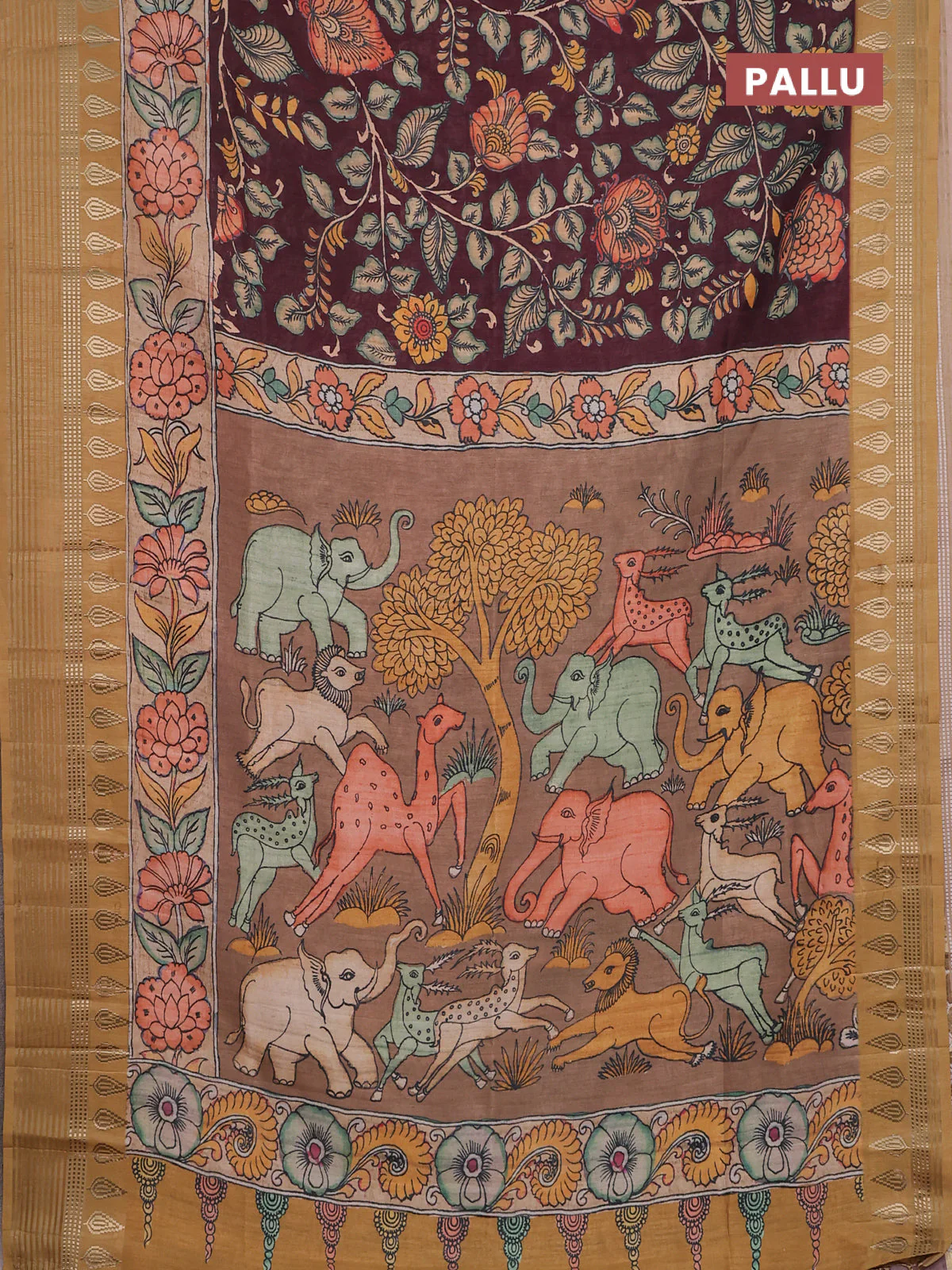 Semi tussar saree deep wine and sandal with allover kalamkari prints and zari woven border - Image 3