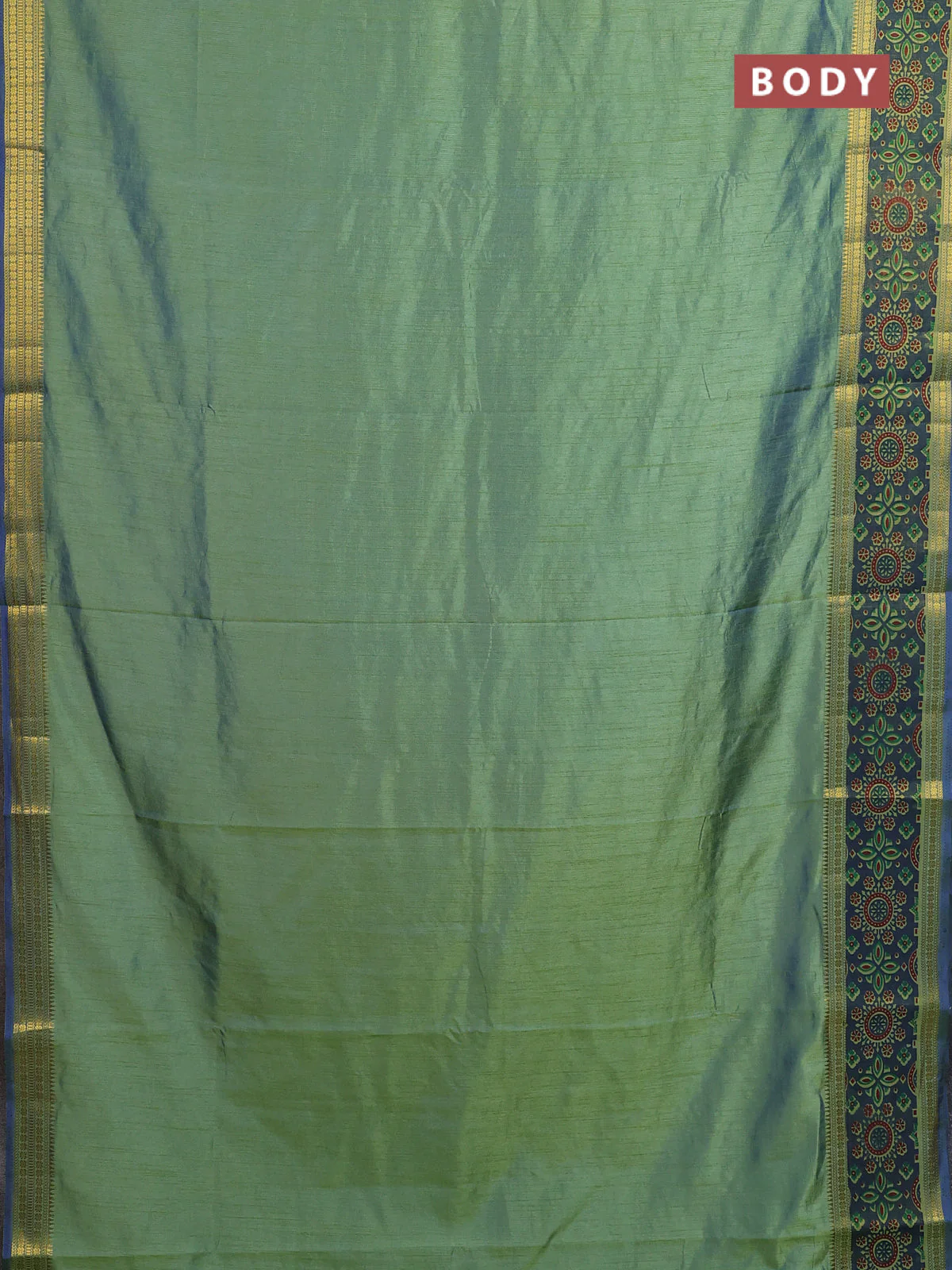 Semi tussar saree dual shade of green and blue with plain body and ikat woven zari border - Image 2