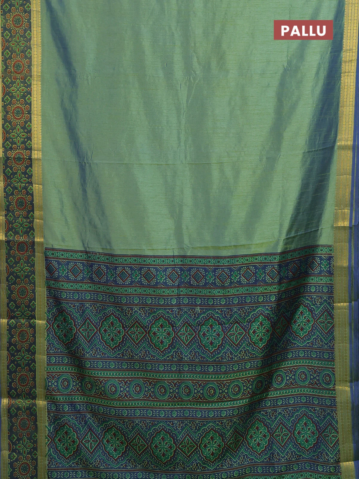 Semi tussar saree dual shade of green and blue with plain body and ikat woven zari border - Image 3