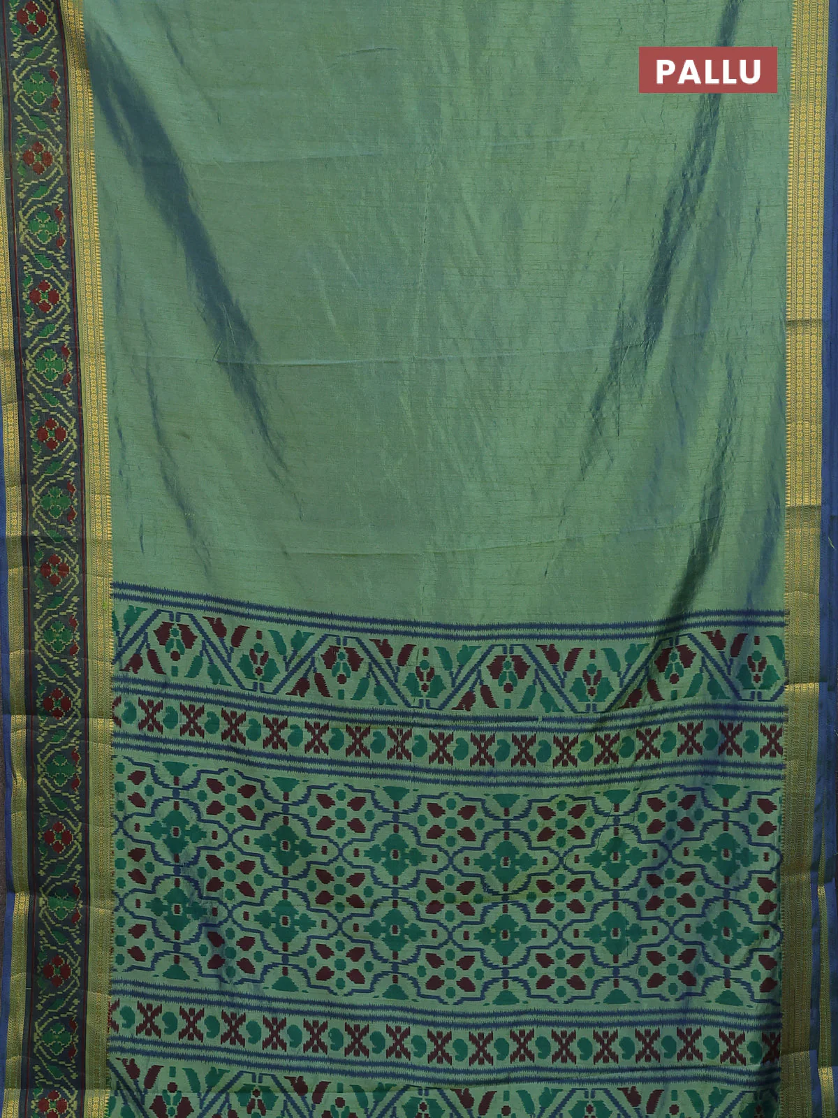 Semi tussar saree dual shade of greenish blue and blue with plain body and ikat woven zari border - Image 3
