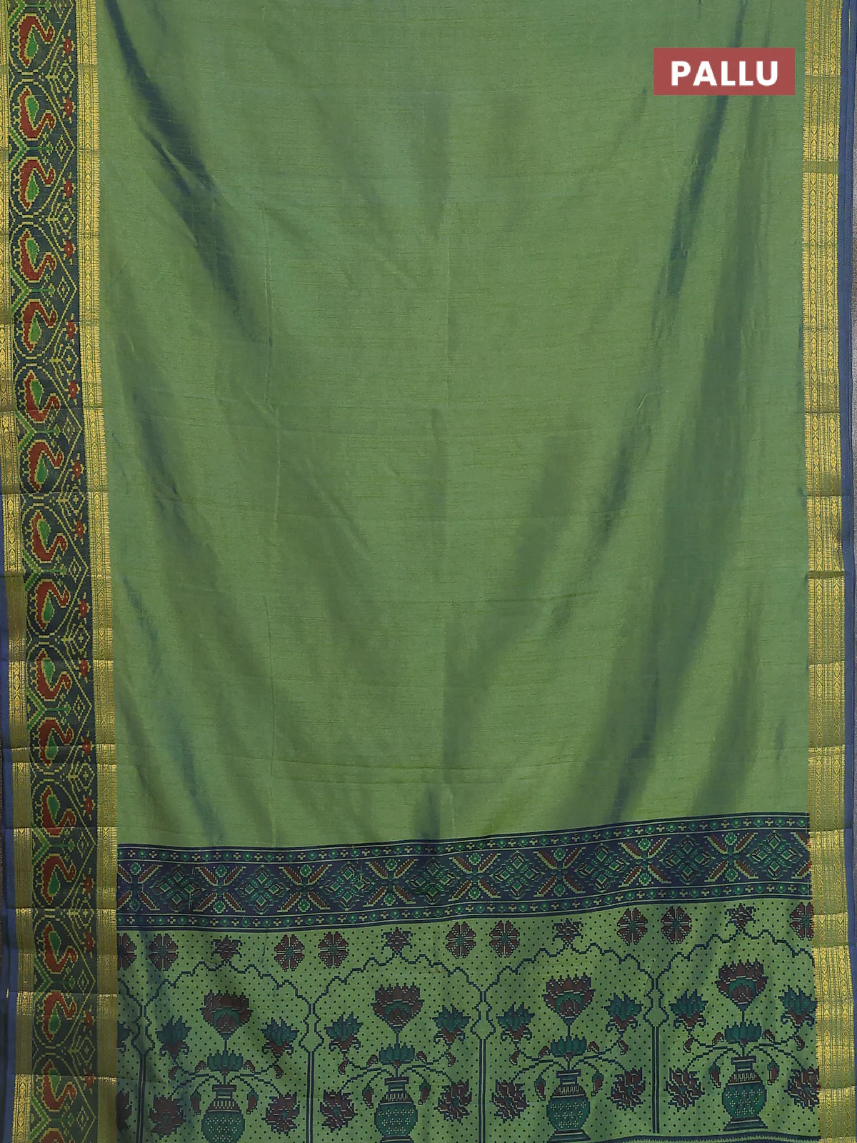 Semi tussar saree dual shade of greenish blue and blue with plain body and ikat woven zari border - Image 3