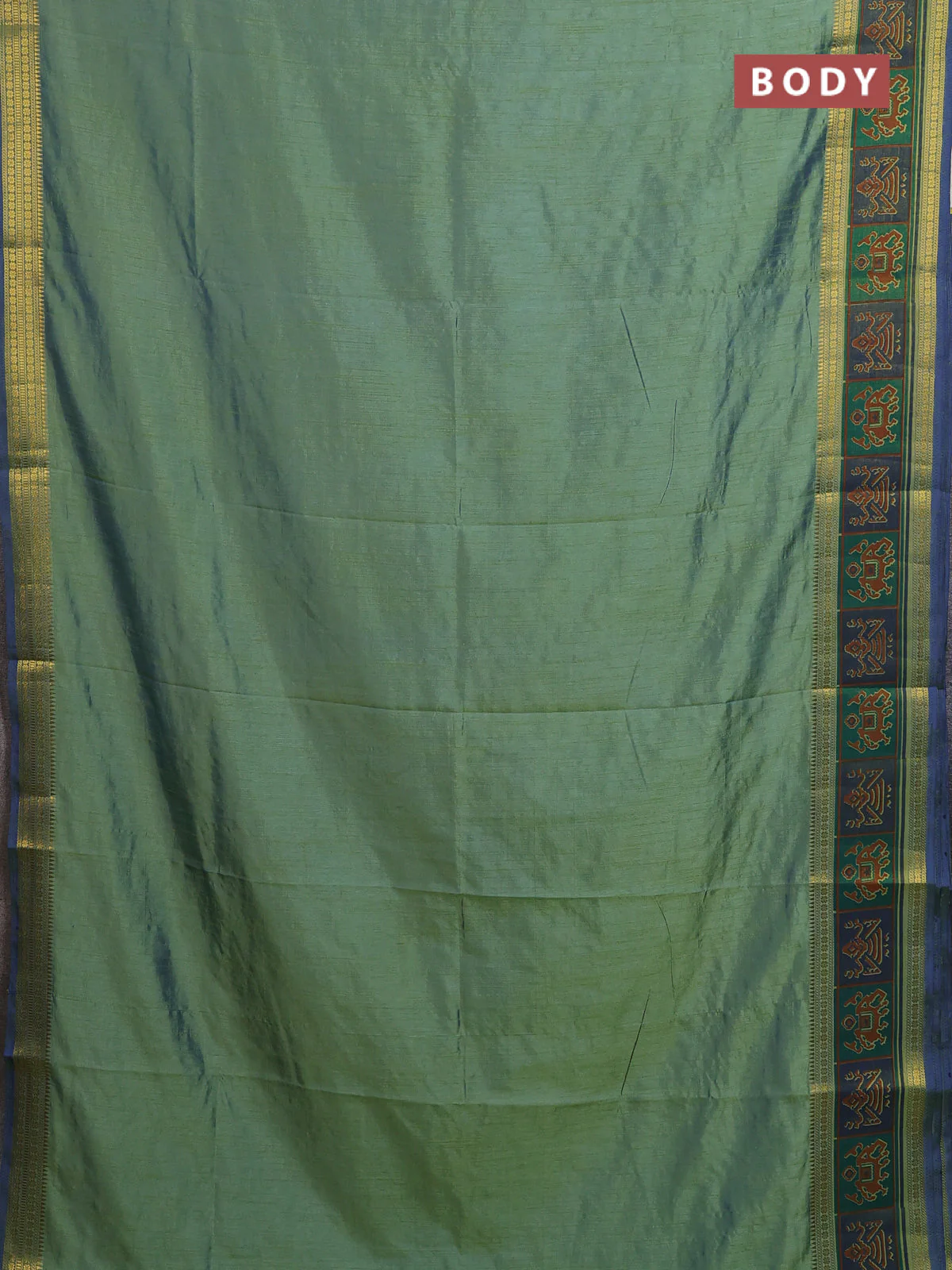 Semi tussar saree dual shade of greenish blue with plain body and ikat woven zari border - Image 2