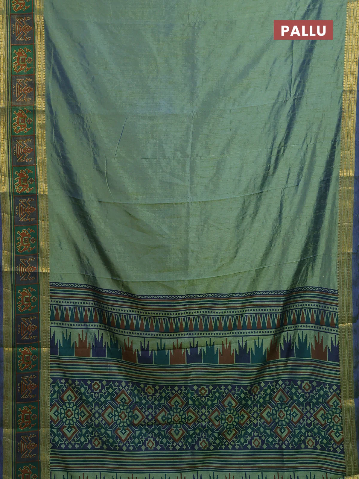 Semi tussar saree dual shade of greenish blue with plain body and ikat woven zari border - Image 3