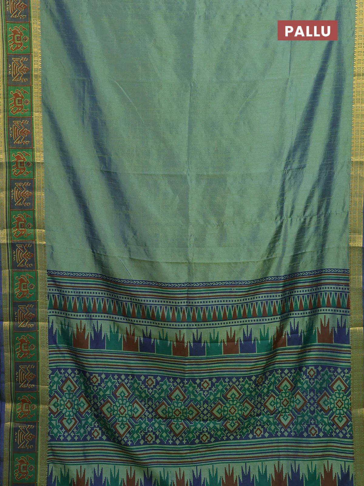 Semi tussar saree dual shade of greenish blue with plain body and ikat woven zari border - Image 3