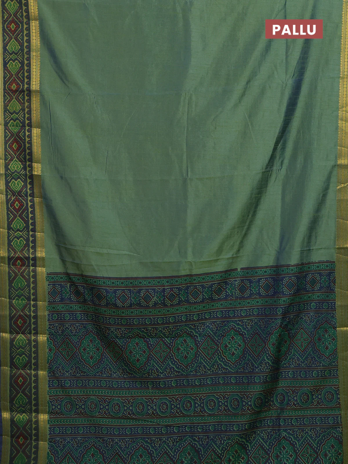 Semi tussar saree dual shade of greenish blue with plain body and ikat woven zari border - Image 3