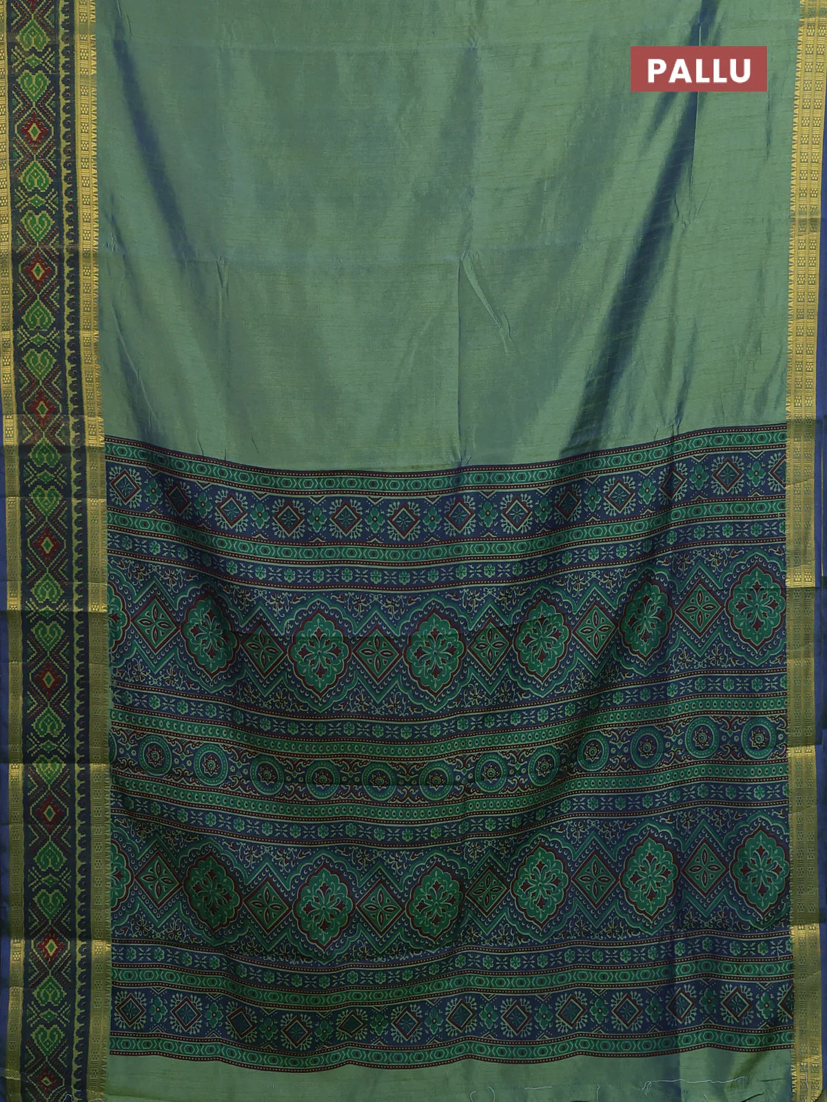 Semi tussar saree dual shade of greenish blue with plain body and ikat woven zari border - Image 3
