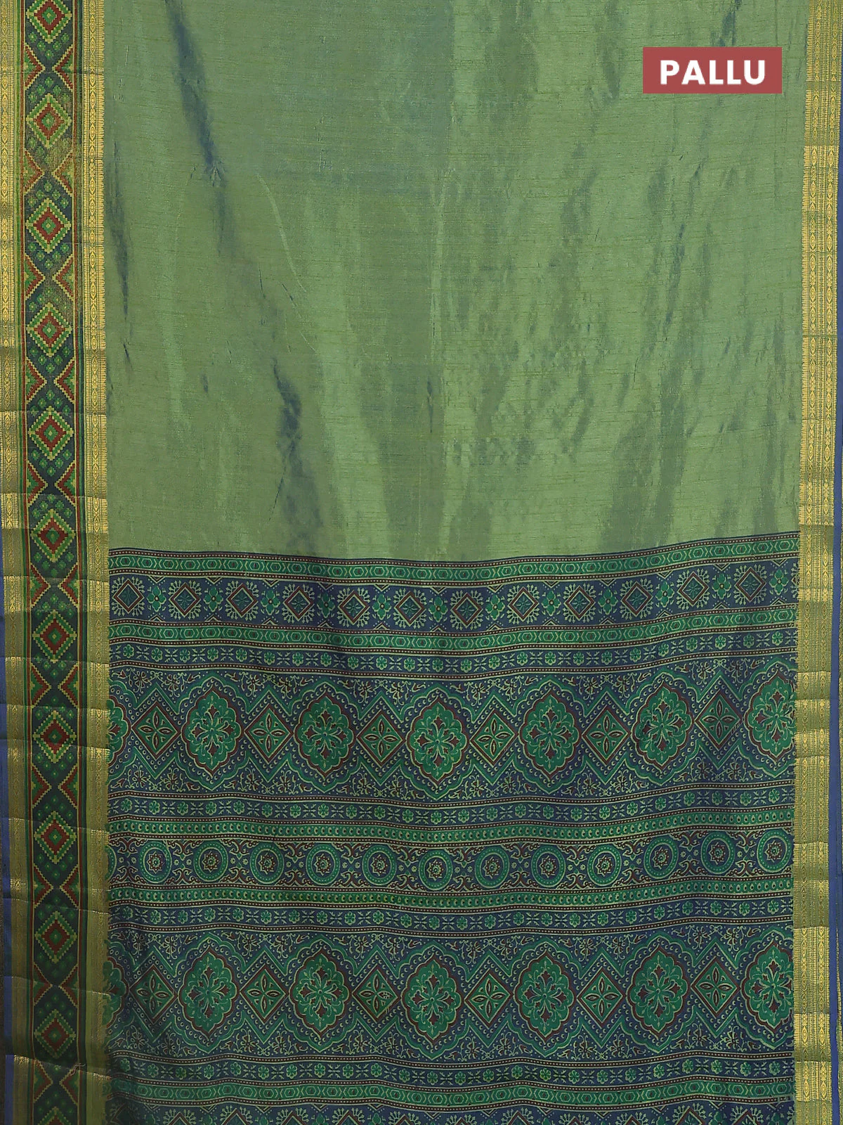 Semi tussar saree dual shade of greenish blue with plain body and ikat woven zari border - Image 3