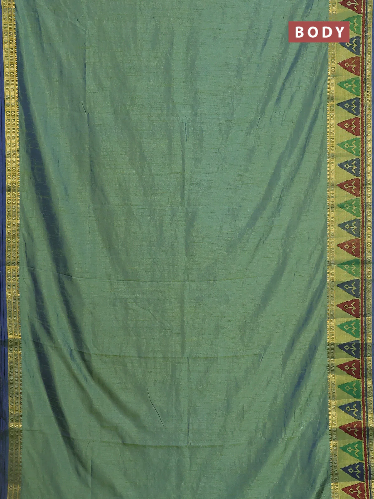 Semi tussar saree dual shade of greenish blue with plain body and ikat woven zari border - Image 2