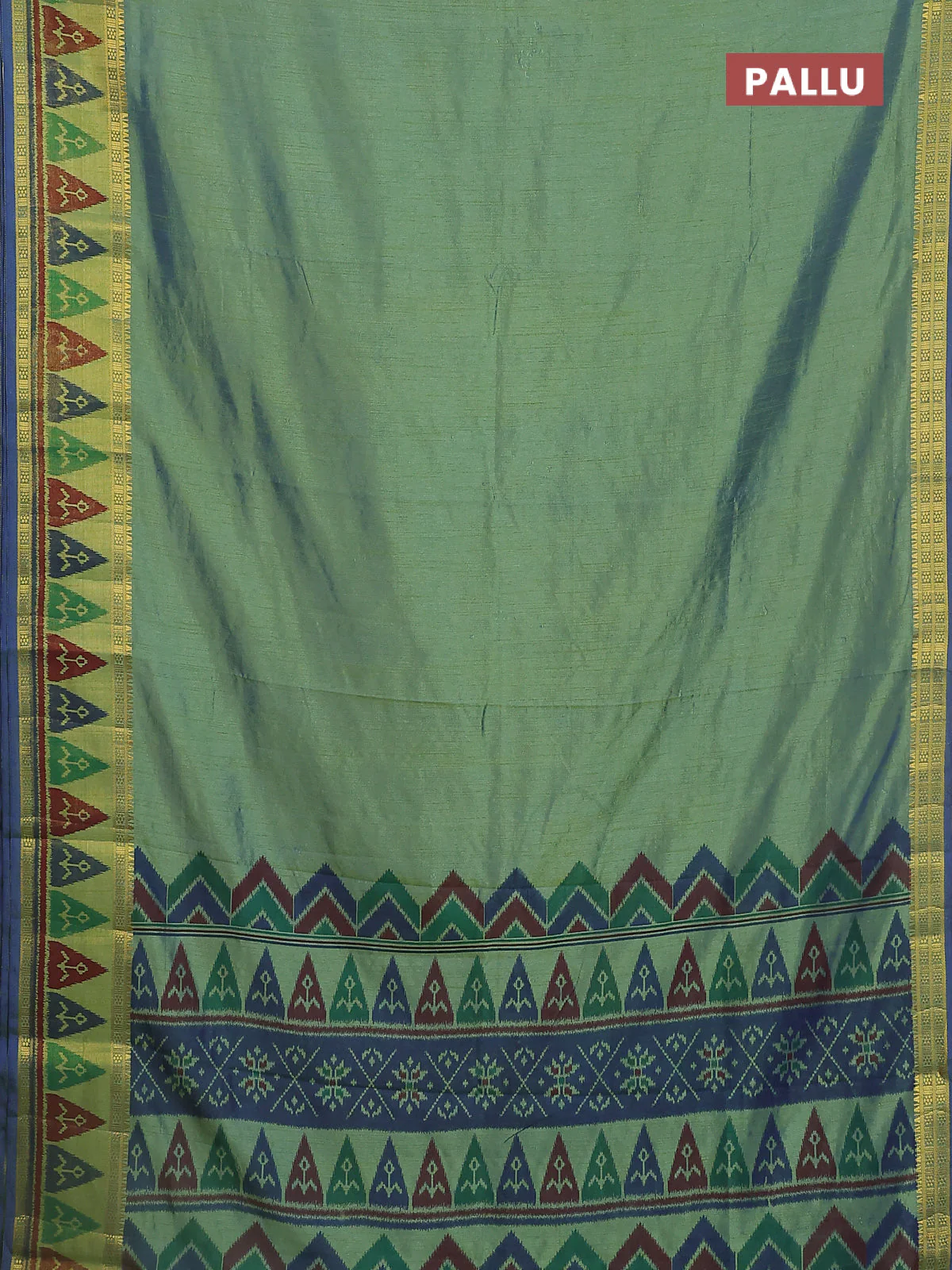 Semi tussar saree dual shade of greenish blue with plain body and ikat woven zari border - Image 3