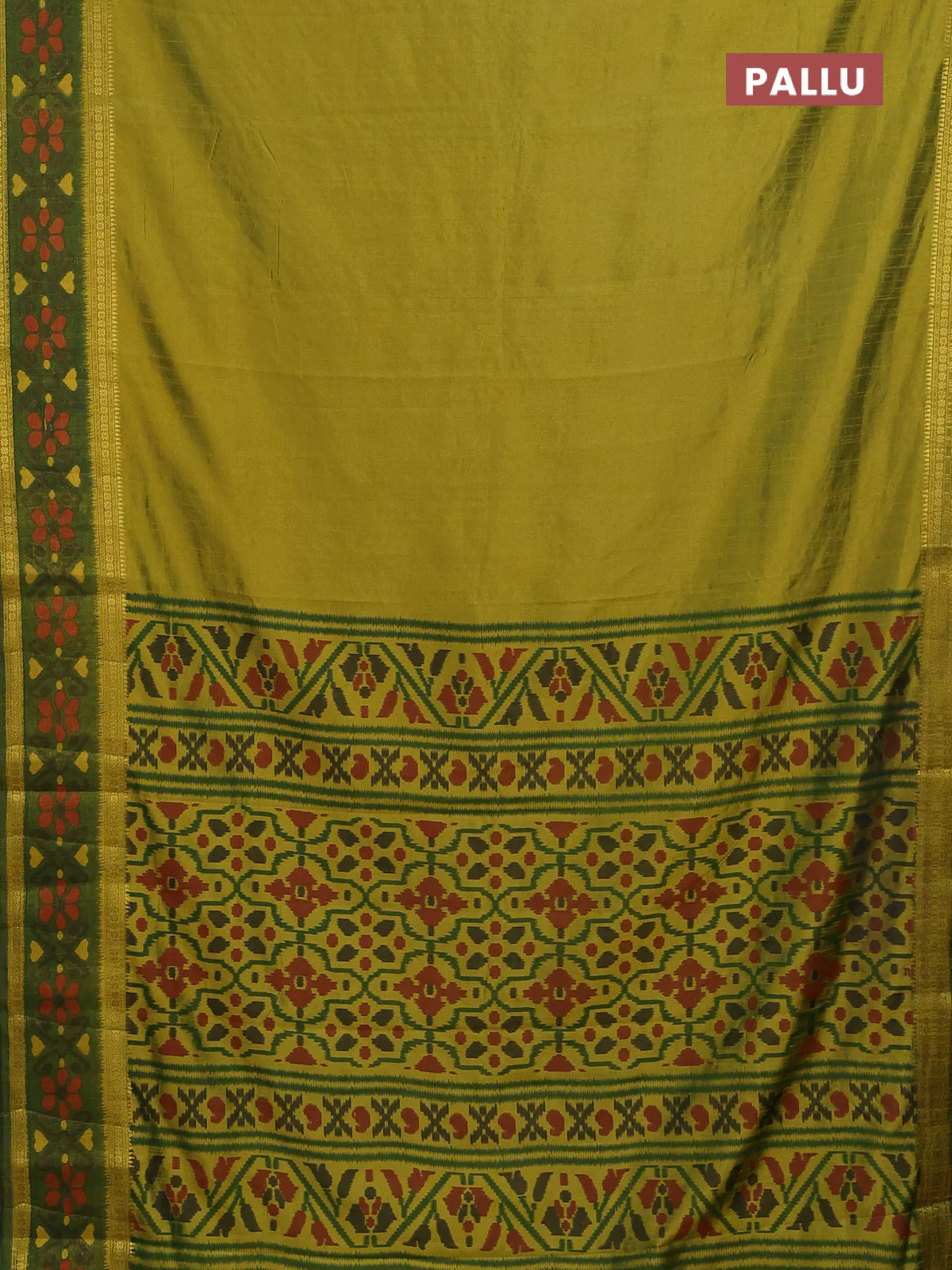 Semi tussar saree dual shade of light green and green with plain body and ikat woven zari border - Image 3