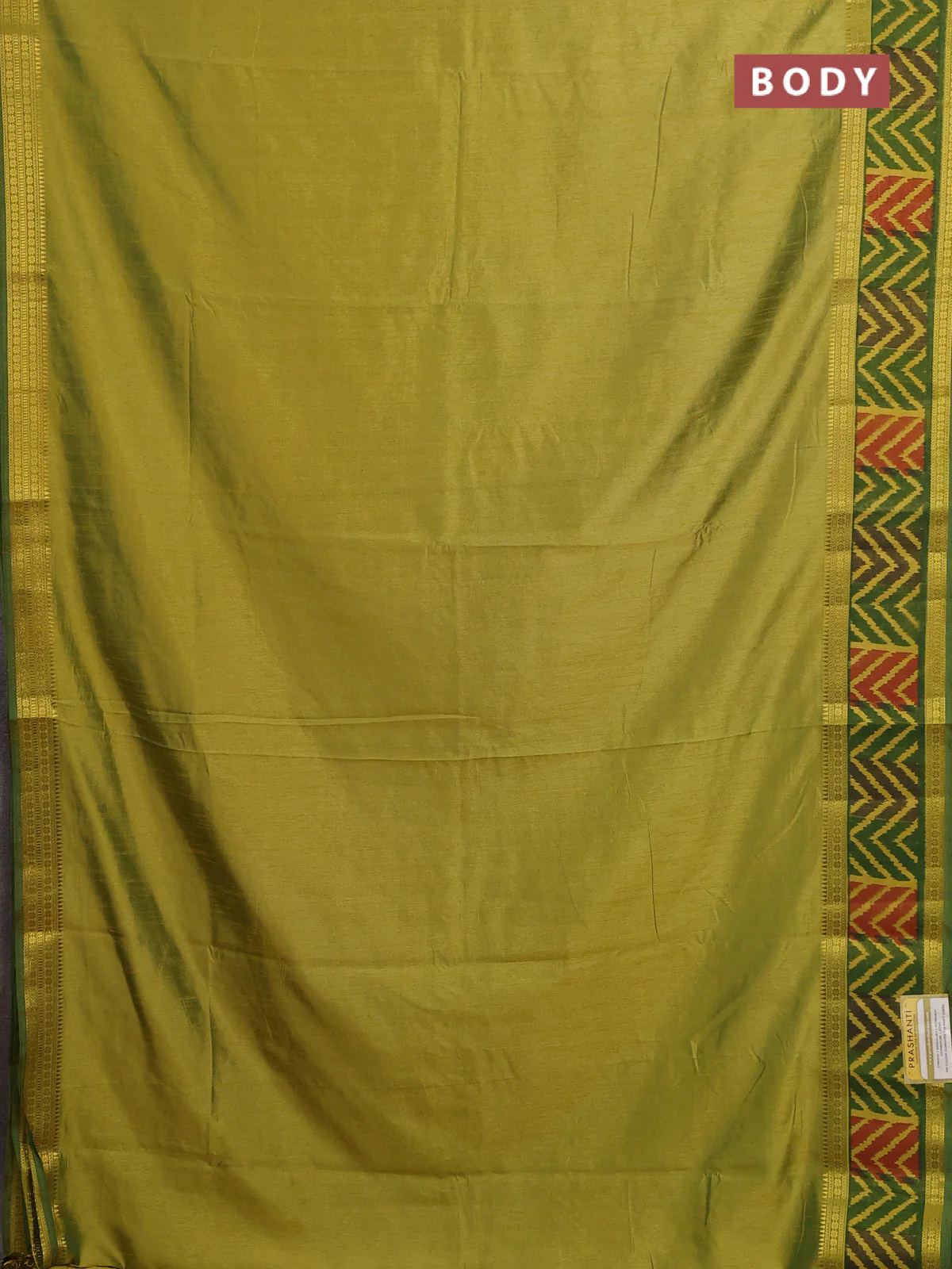 Semi tussar saree dual shade of light green with plain body and ikat woven zari border - Image 2