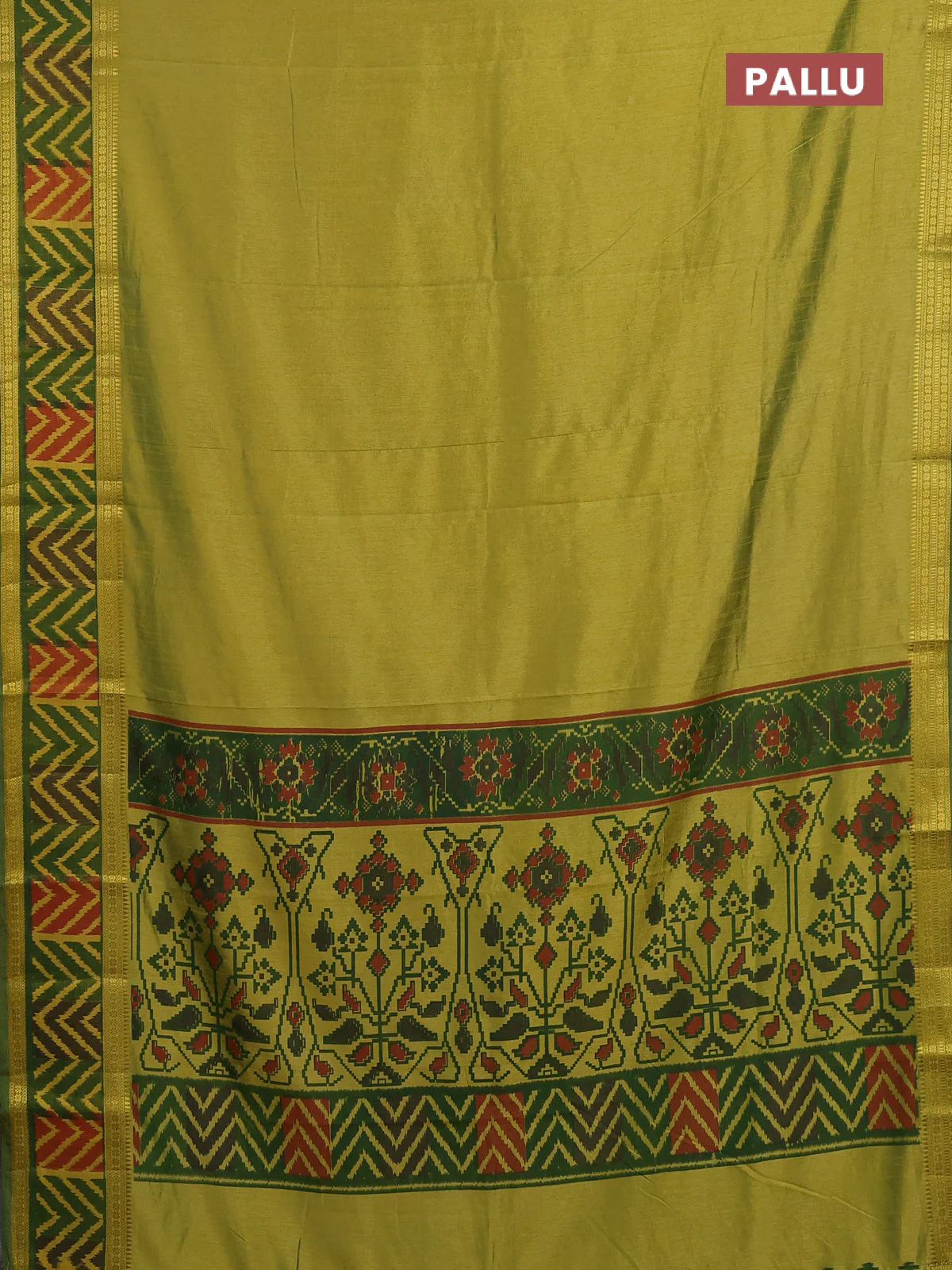 Semi tussar saree dual shade of light green with plain body and ikat woven zari border - Image 3