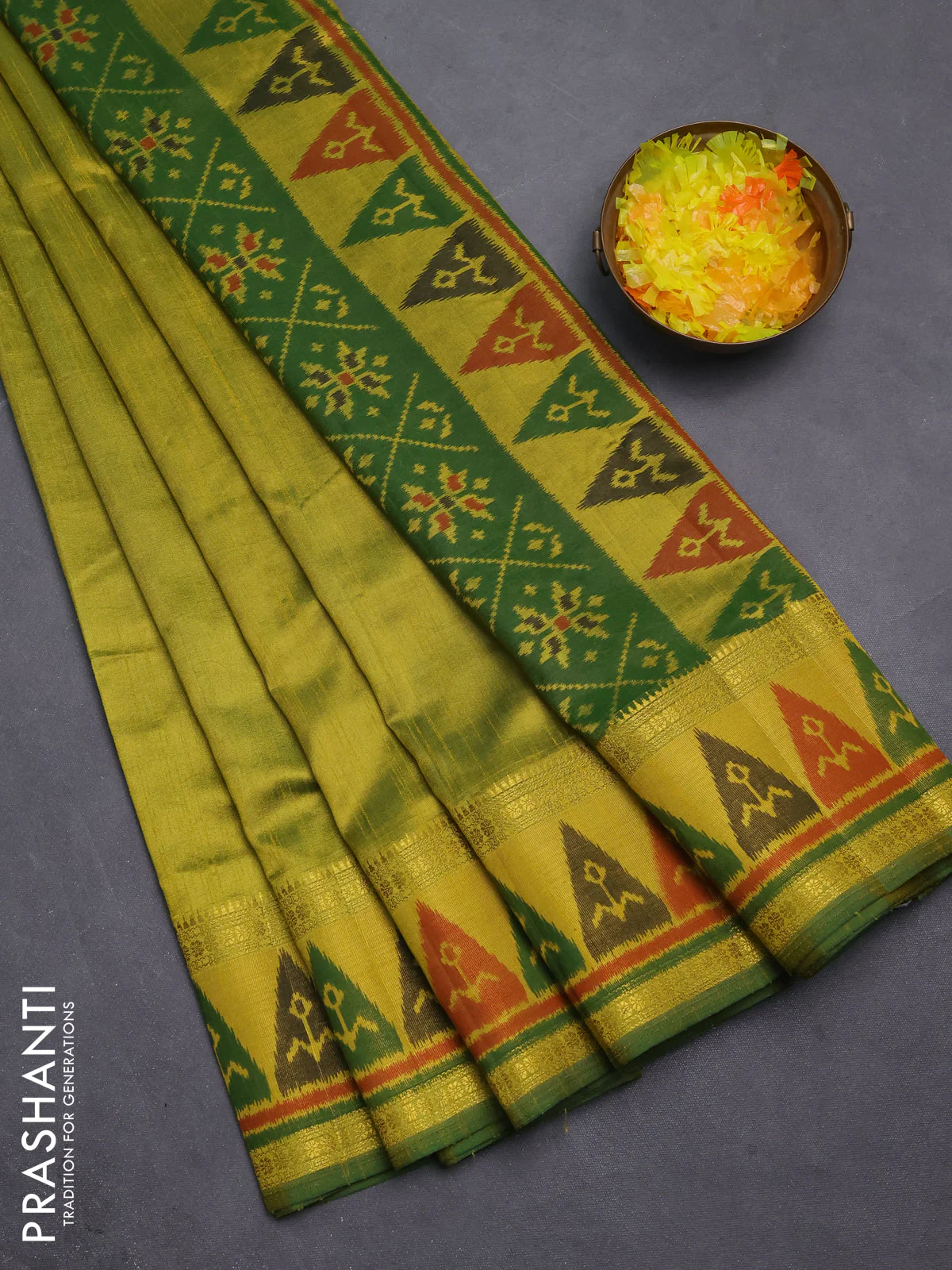 Semi tussar saree dual shade of light green with plain body and ikat woven zari border