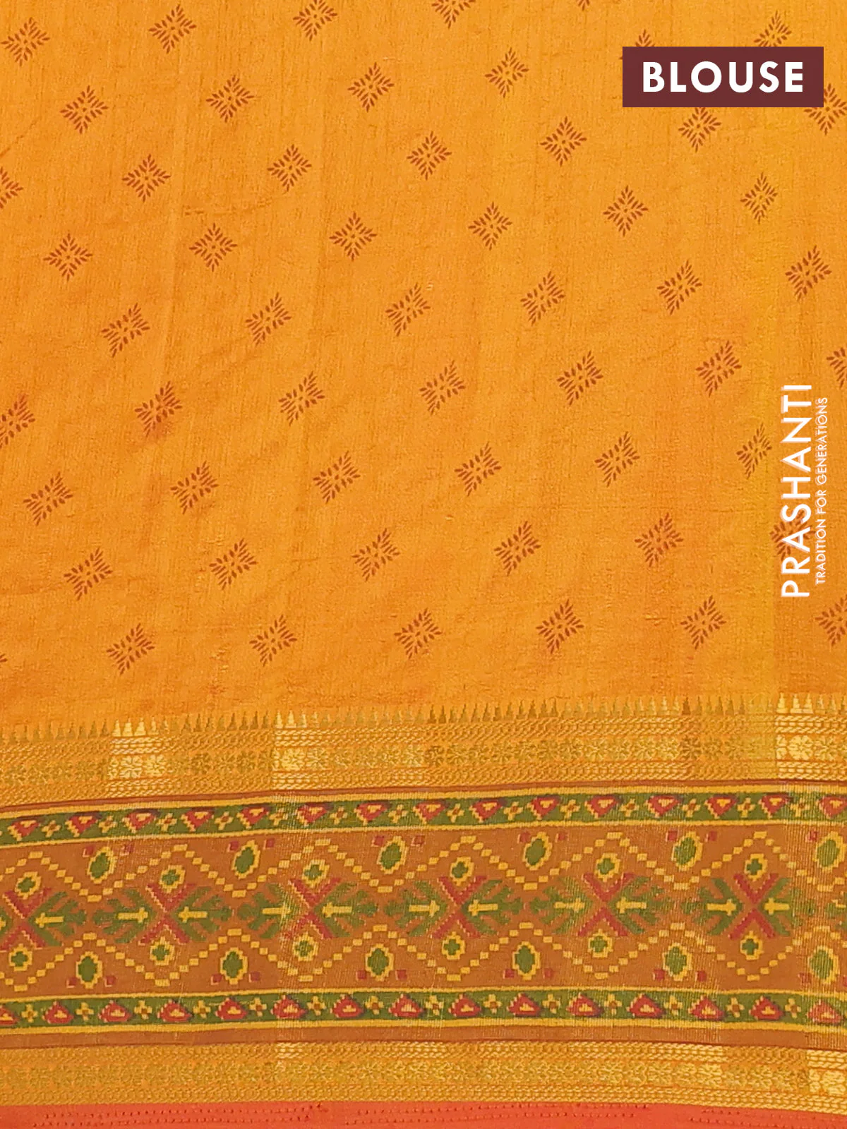 Semi tussar saree dual shade of mustard yellow and red with plain body and ikat woven zari border - Image 4