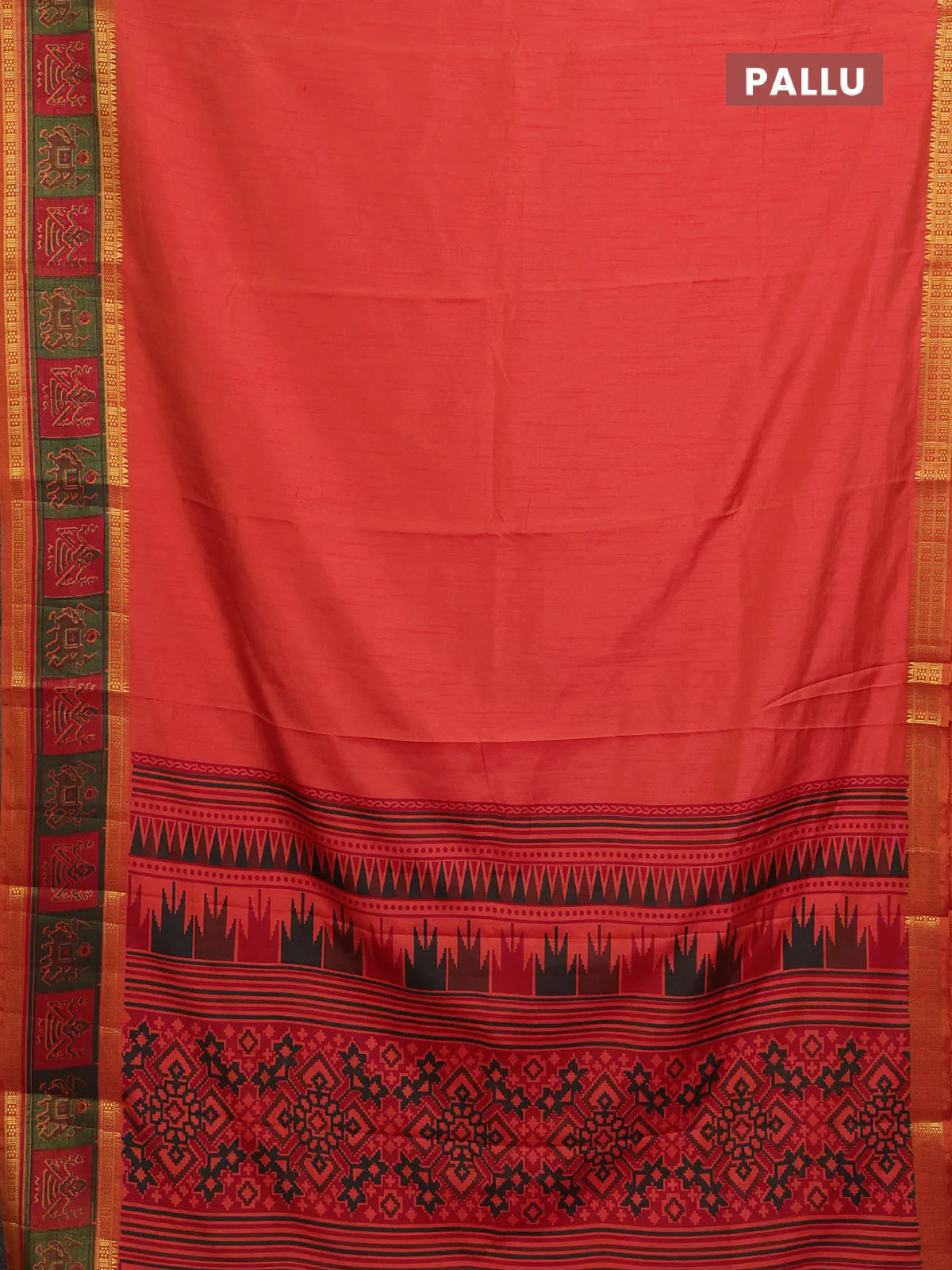 Semi tussar saree dual shade of orange with plain body and ikat woven zari border - Image 3