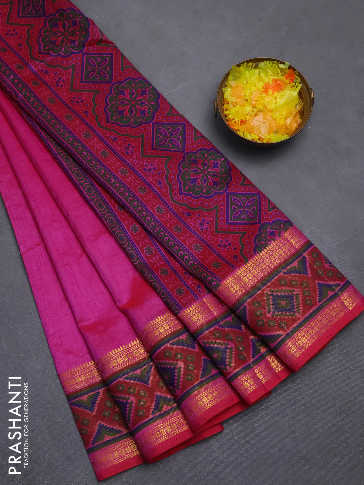 Semi tussar saree dual shade of pink with plain body and ikat woven zari border