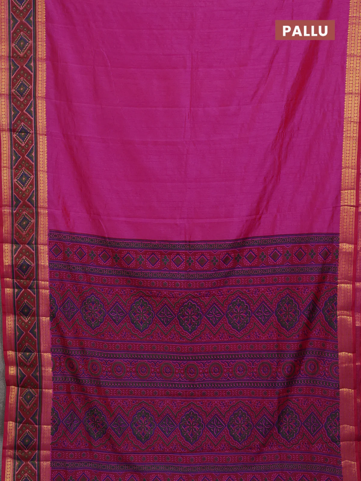 Semi tussar saree dual shade of pink with plain body and ikat woven zari border - Image 3