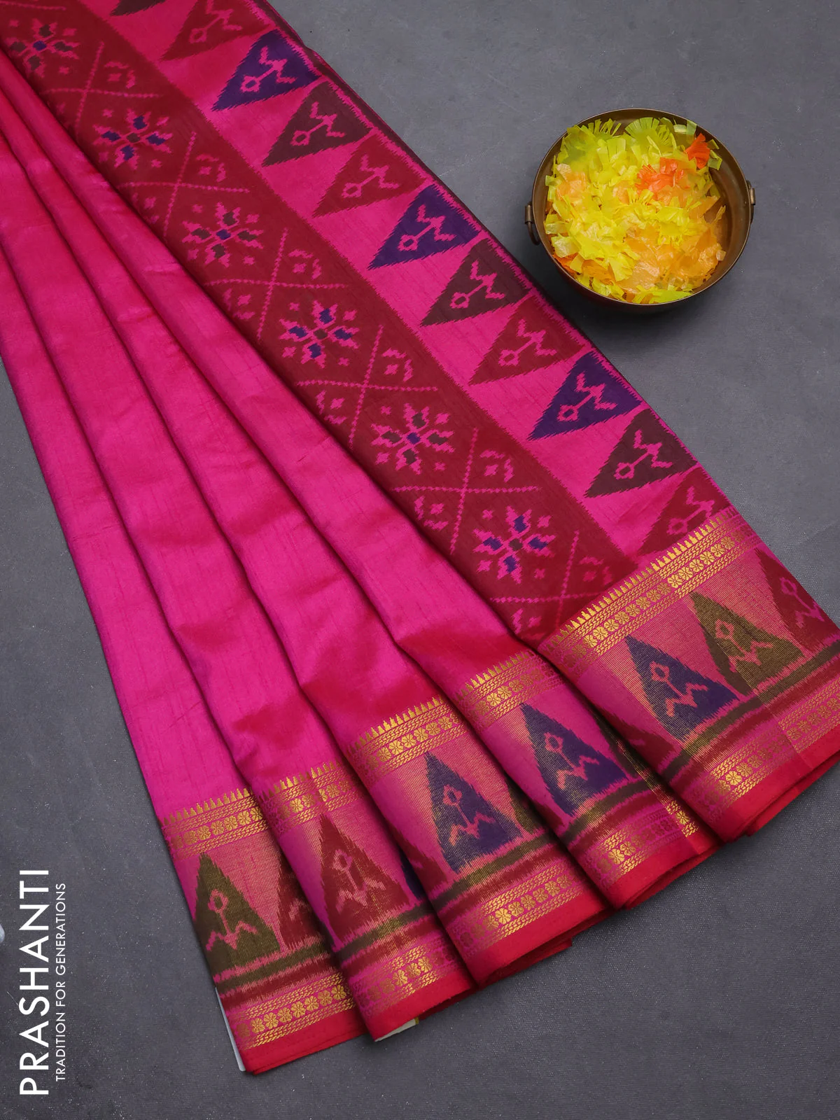 Semi tussar saree dual shade of pink with plain body and ikat woven zari border