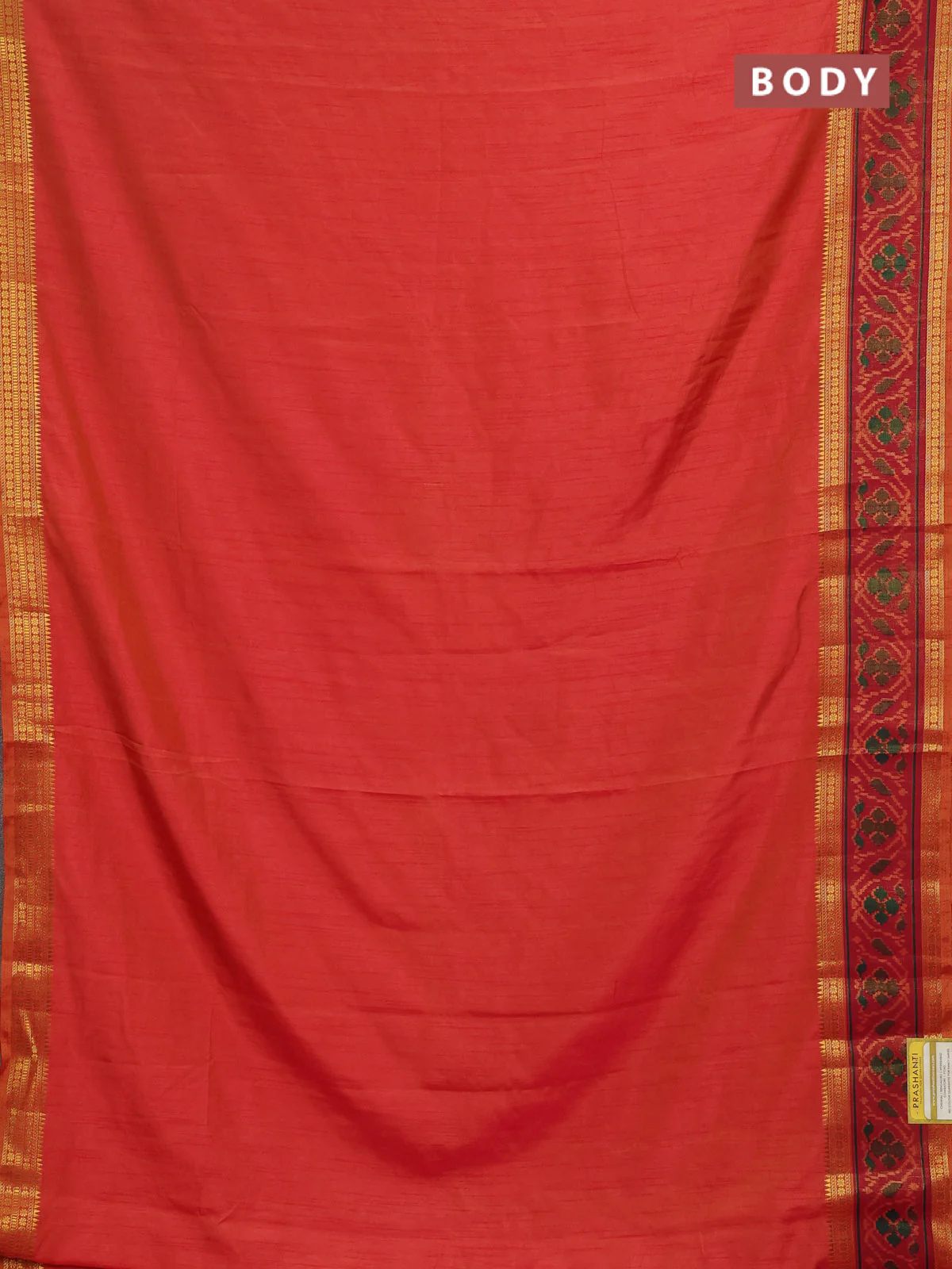 Semi tussar saree dual shade of pinkish orange and maroon with plain body and ikat woven zari border - Image 2