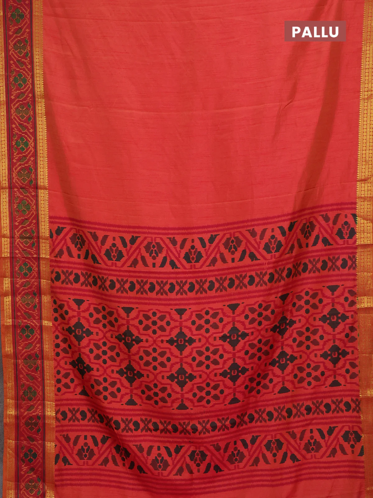 Semi tussar saree dual shade of pinkish orange and maroon with plain body and ikat woven zari border - Image 3