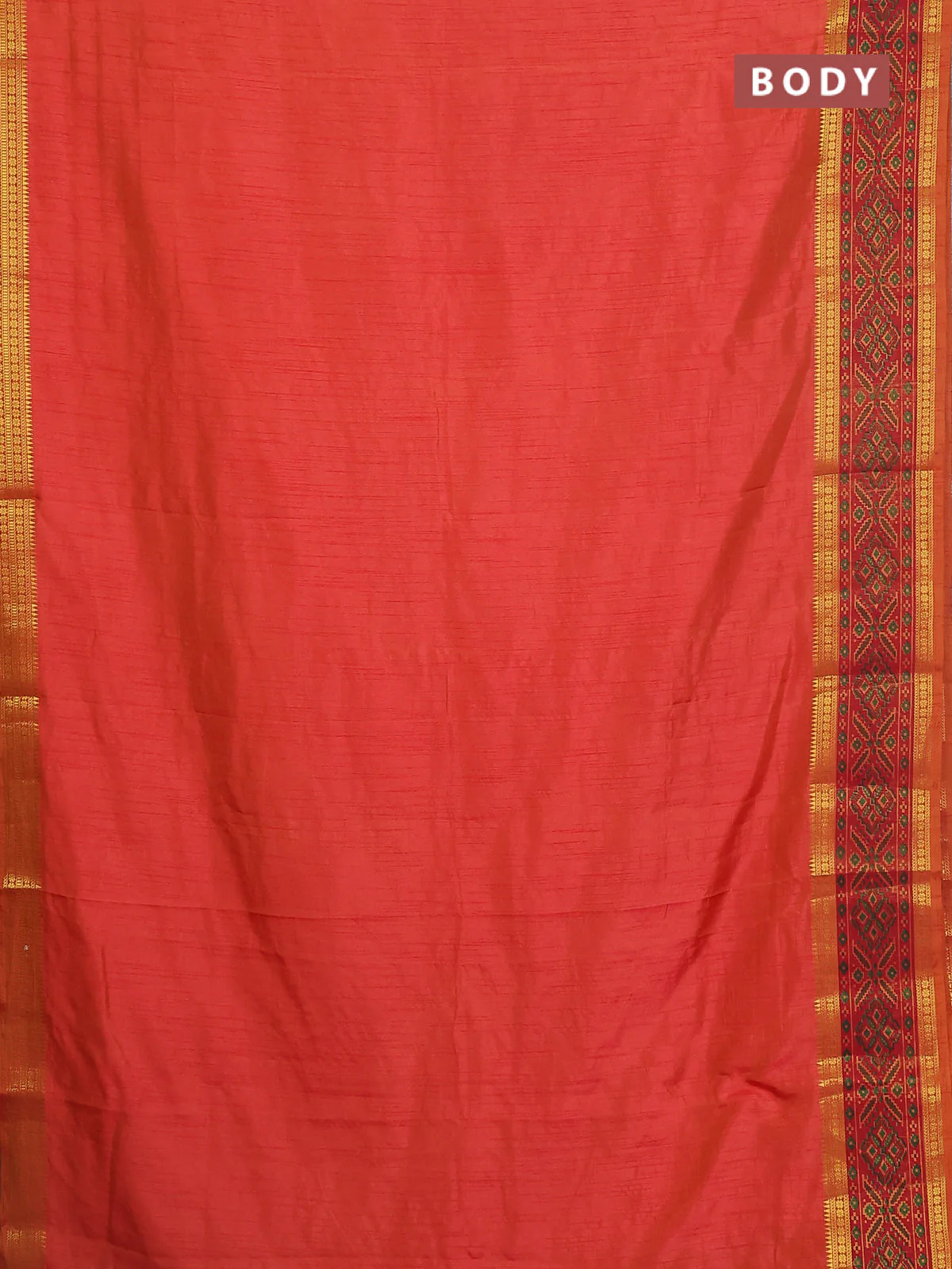 Semi tussar saree dual shade of pinkish orange and maroon with plain body and ikat woven zari border - Image 2