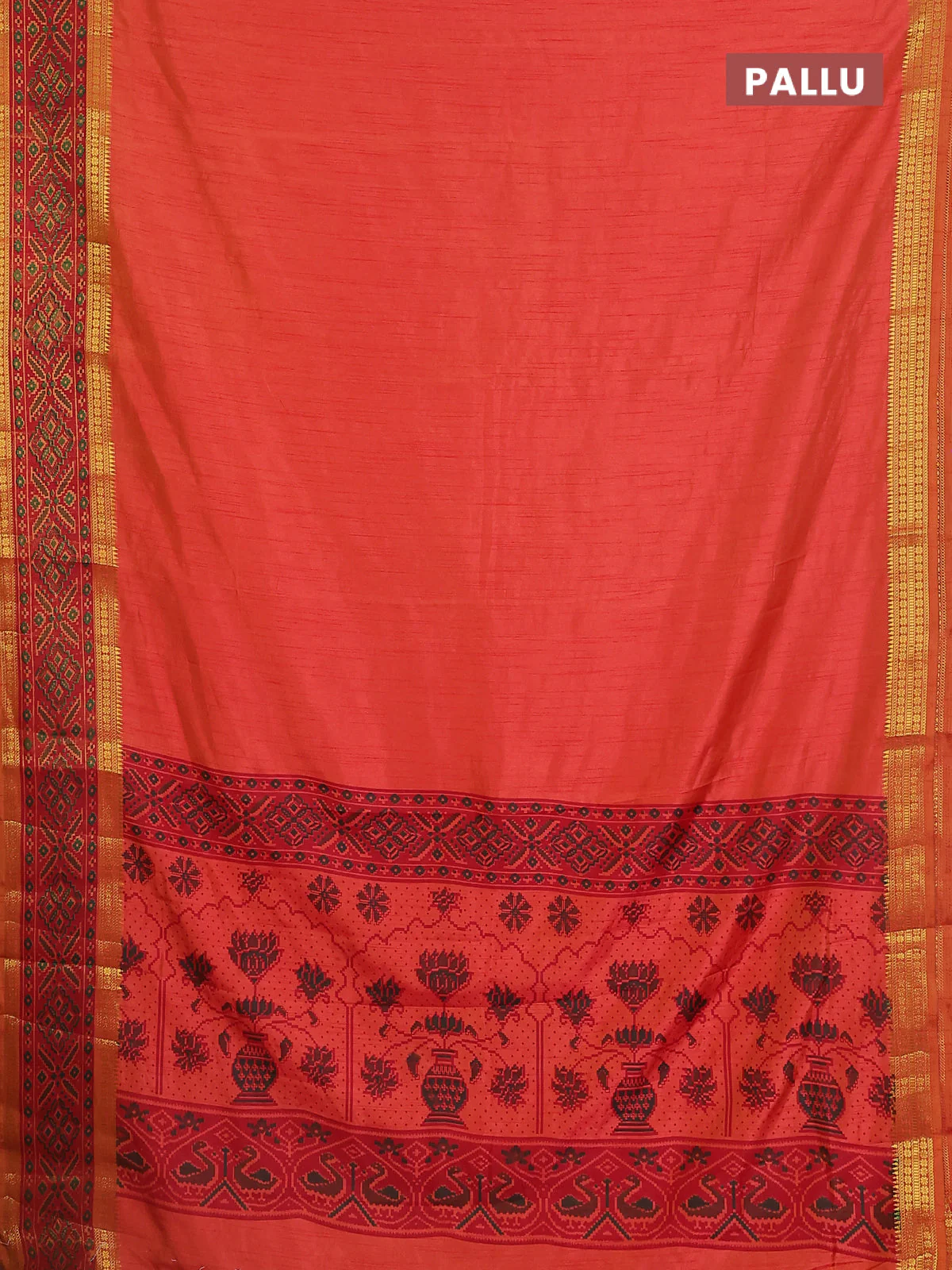 Semi tussar saree dual shade of pinkish orange and maroon with plain body and ikat woven zari border - Image 3