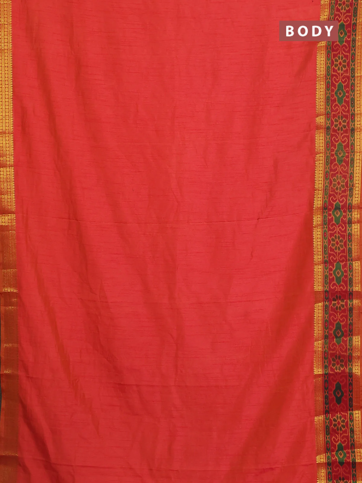 Semi tussar saree dual shade of pinkish orange and maroon with plain body and ikat woven zari border - Image 2