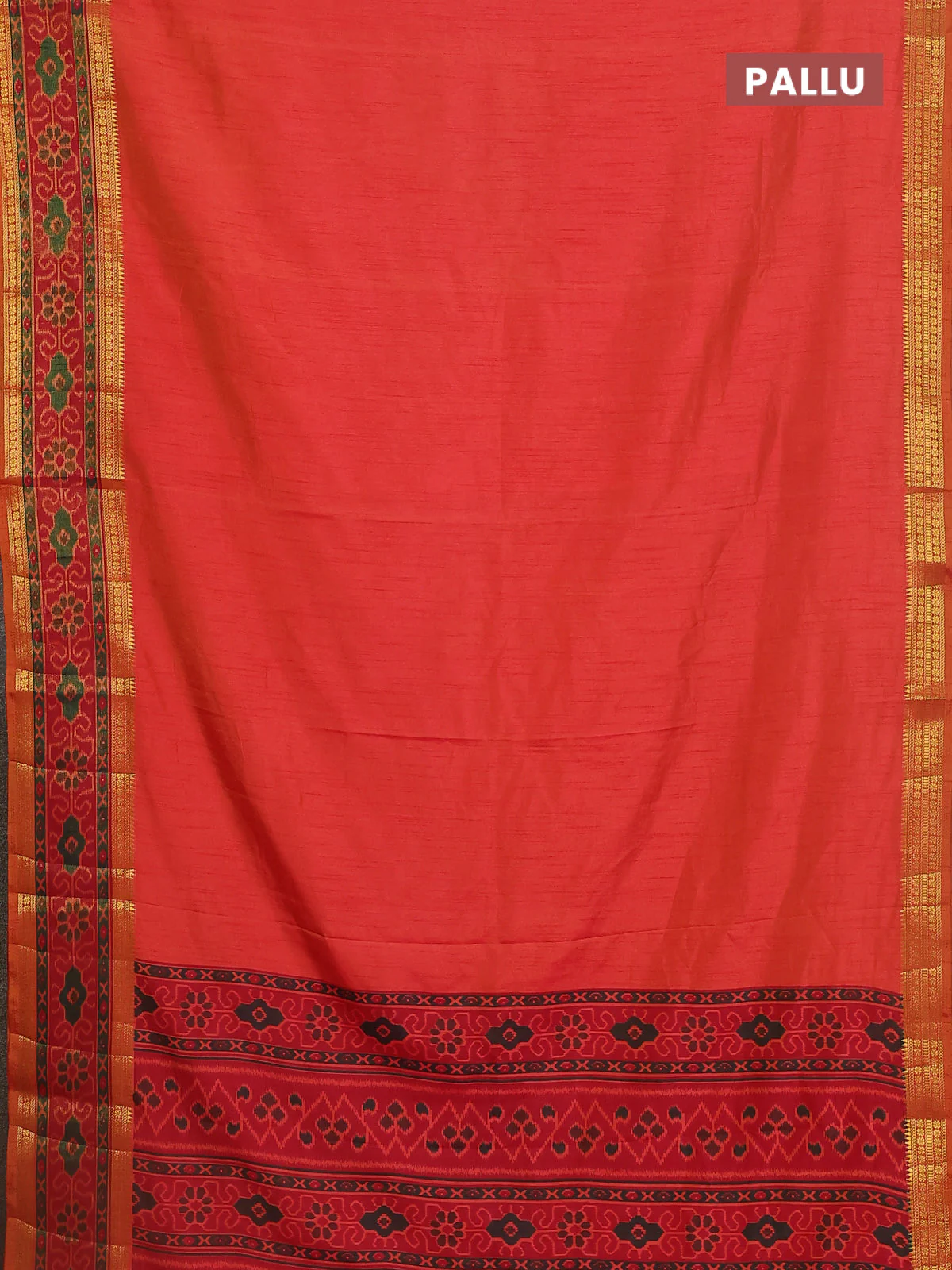 Semi tussar saree dual shade of pinkish orange and maroon with plain body and ikat woven zari border - Image 3
