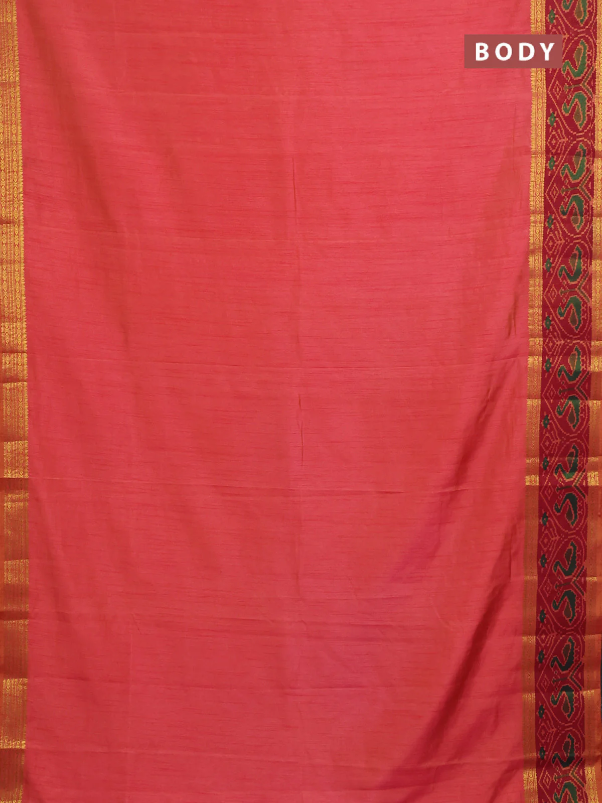 Semi tussar saree dual shade of pinkish orange and maroon with plain body and ikat woven zari border - Image 2
