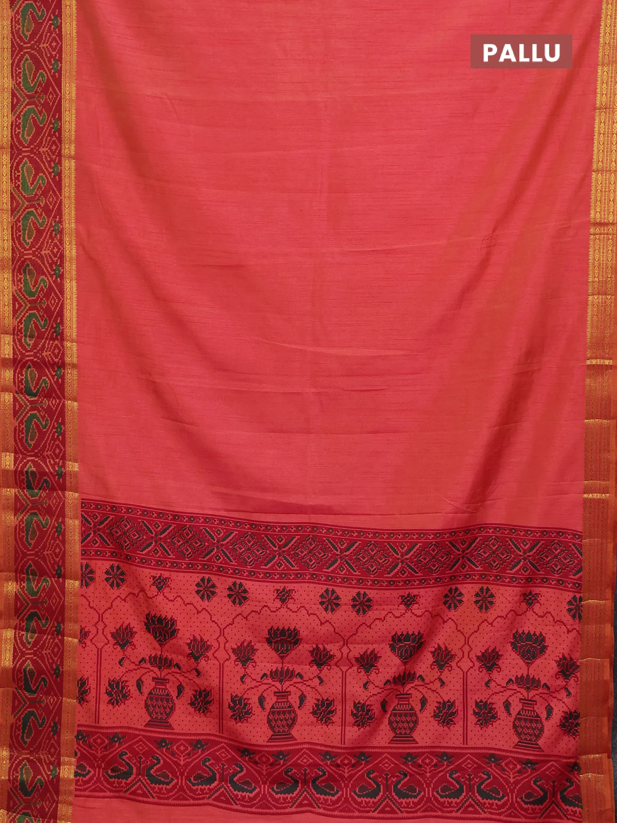 Semi tussar saree dual shade of pinkish orange and maroon with plain body and ikat woven zari border - Image 3