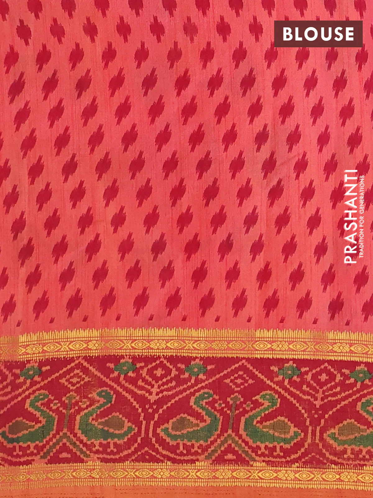 Semi tussar saree dual shade of pinkish orange and maroon with plain body and ikat woven zari border - Image 4
