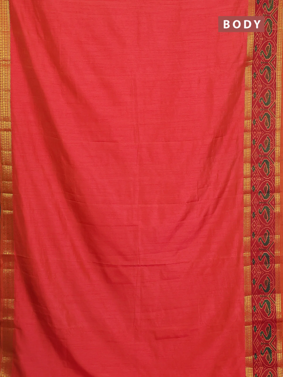 Semi tussar saree dual shade of pinkish orange and maroon with plain body and ikat woven zari border - Image 2