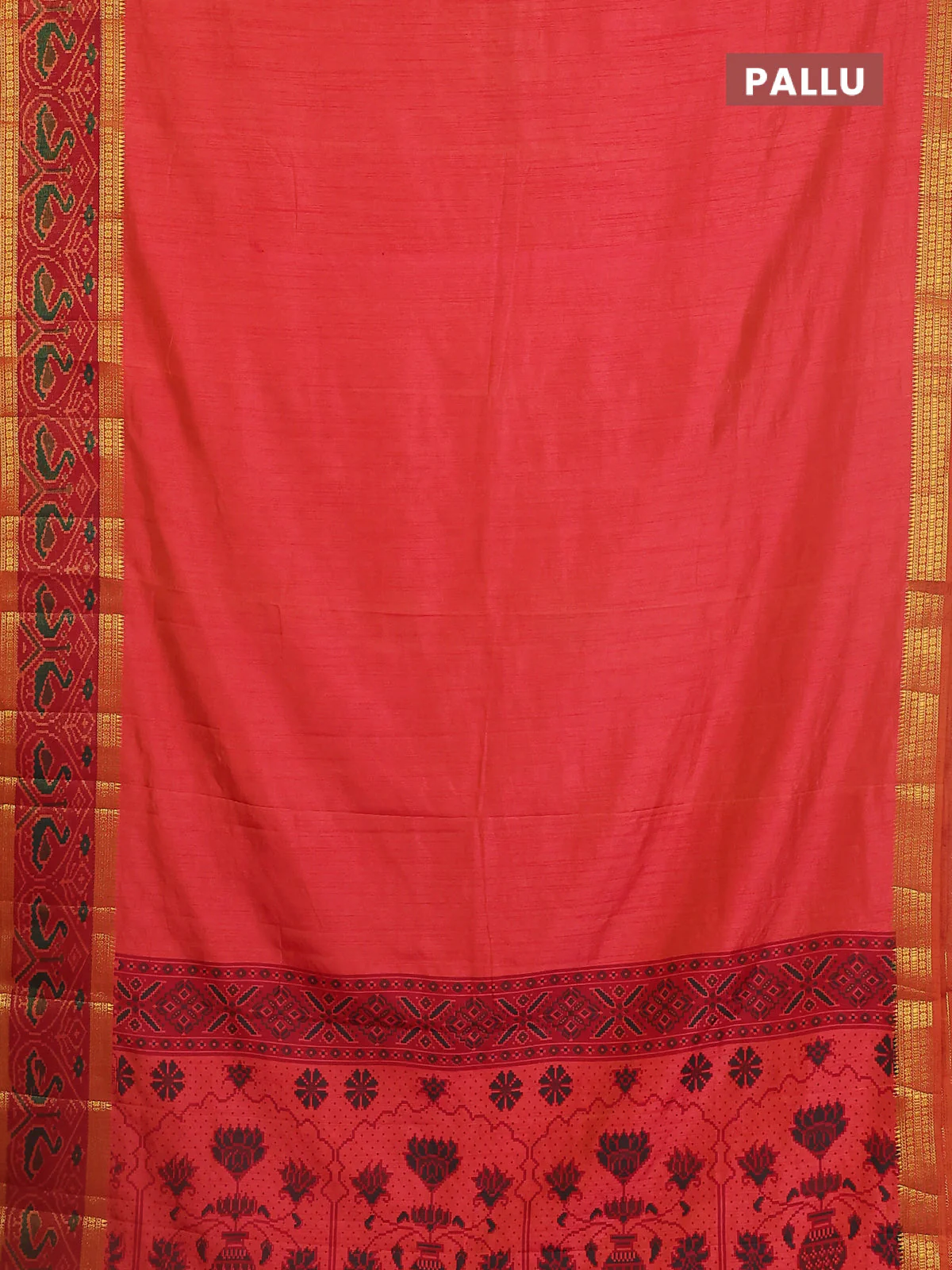 Semi tussar saree dual shade of pinkish orange and maroon with plain body and ikat woven zari border - Image 3