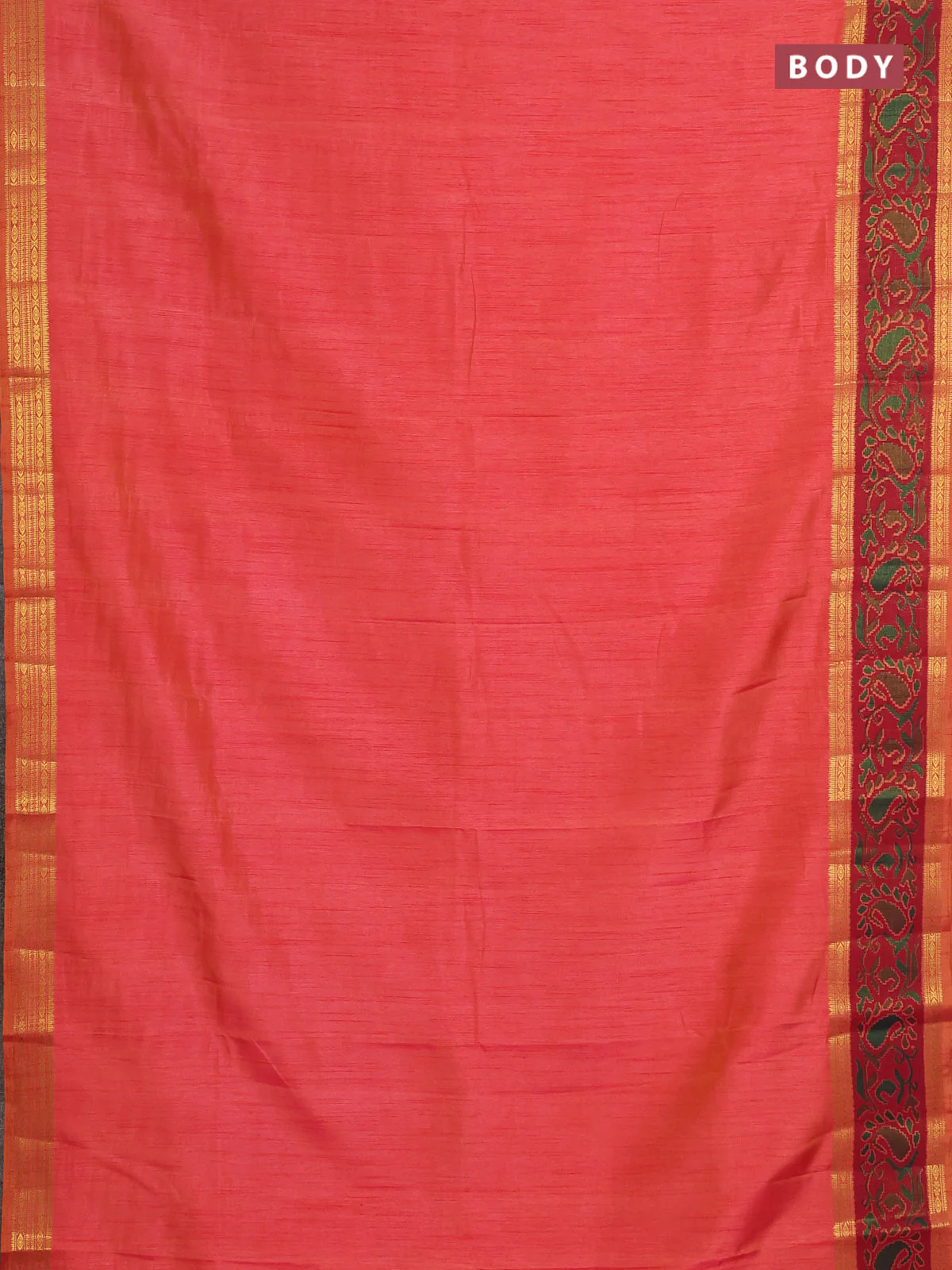 Semi tussar saree dual shade of pinkish orange and maroon with plain body and ikat woven zari border - Image 2