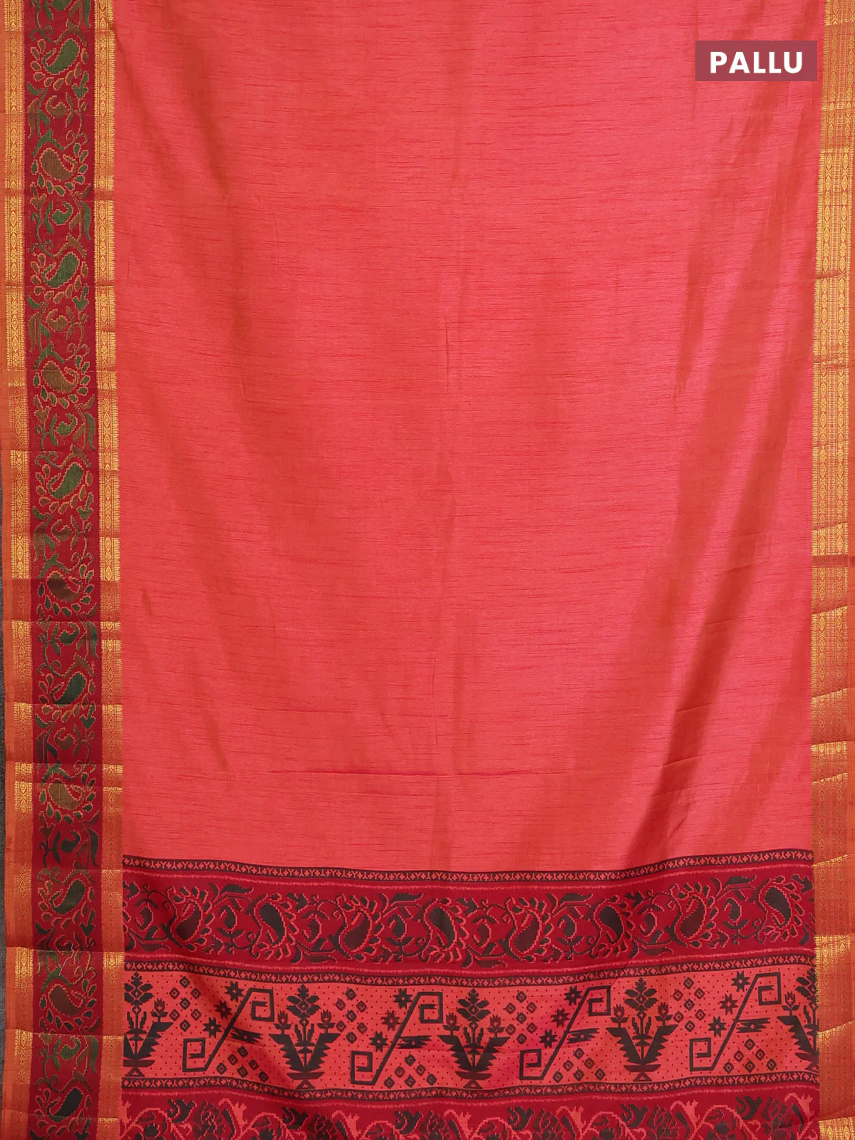 Semi tussar saree dual shade of pinkish orange and maroon with plain body and ikat woven zari border - Image 3