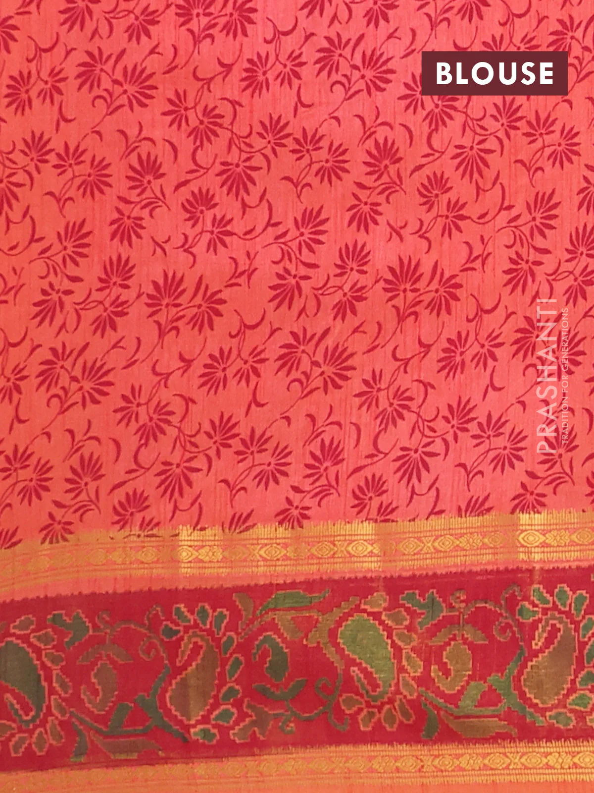 Semi tussar saree dual shade of pinkish orange and maroon with plain body and ikat woven zari border - Image 4