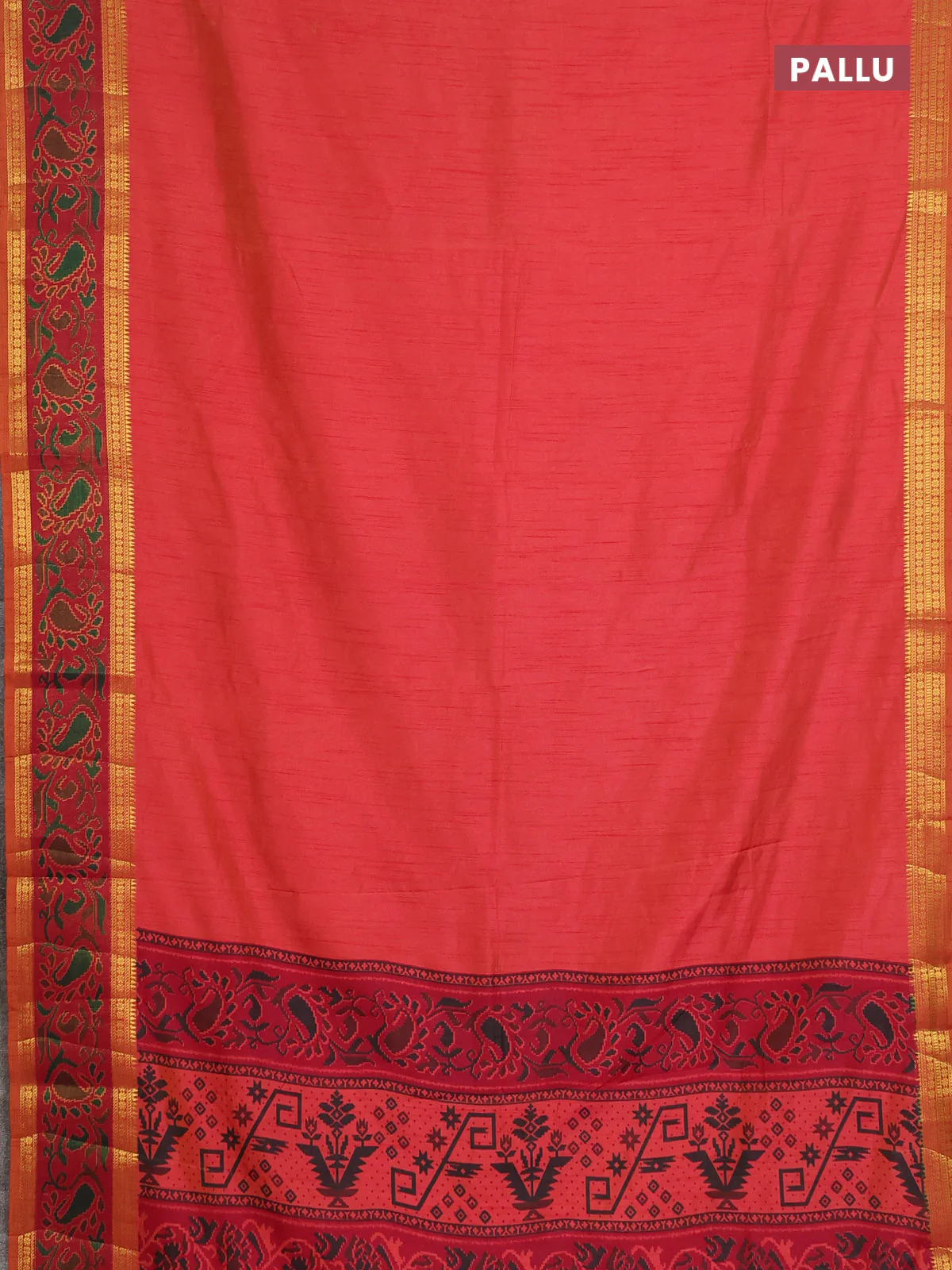 Semi tussar saree dual shade of pinkish orange and maroon with plain body and ikat woven zari border - Image 3