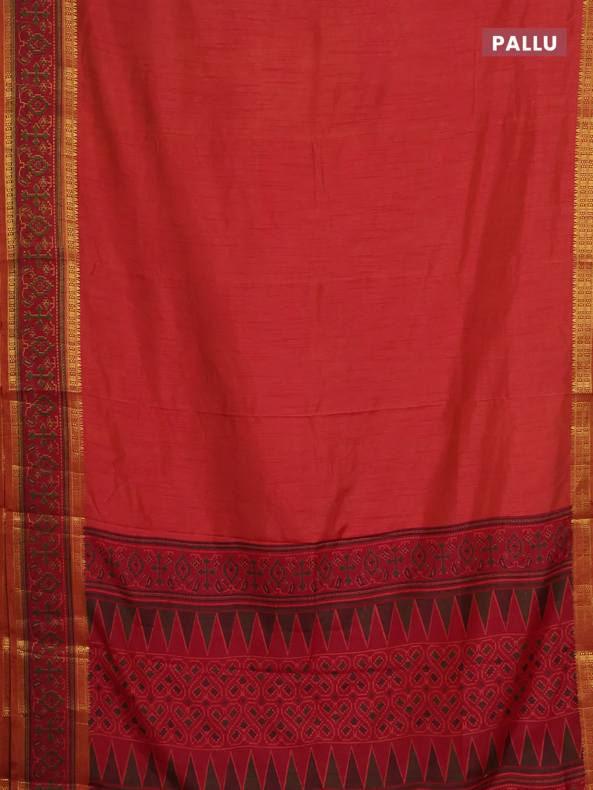 Semi tussar saree dual shade of pinkish orange and maroon with plain body and ikat woven zari border - Image 3