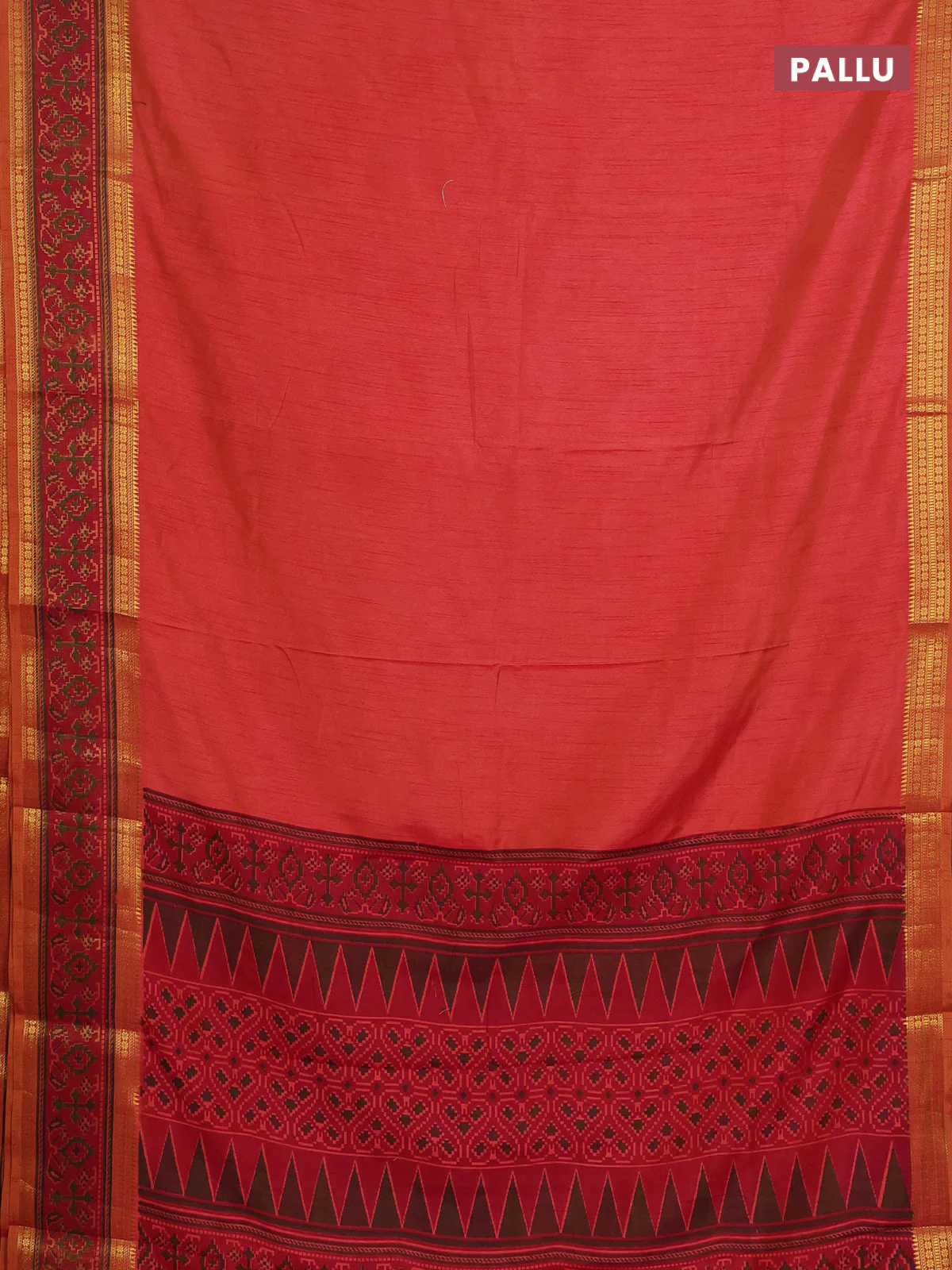 Semi tussar saree dual shade of pinkish orange and maroon with plain body and ikat woven zari border - Image 3