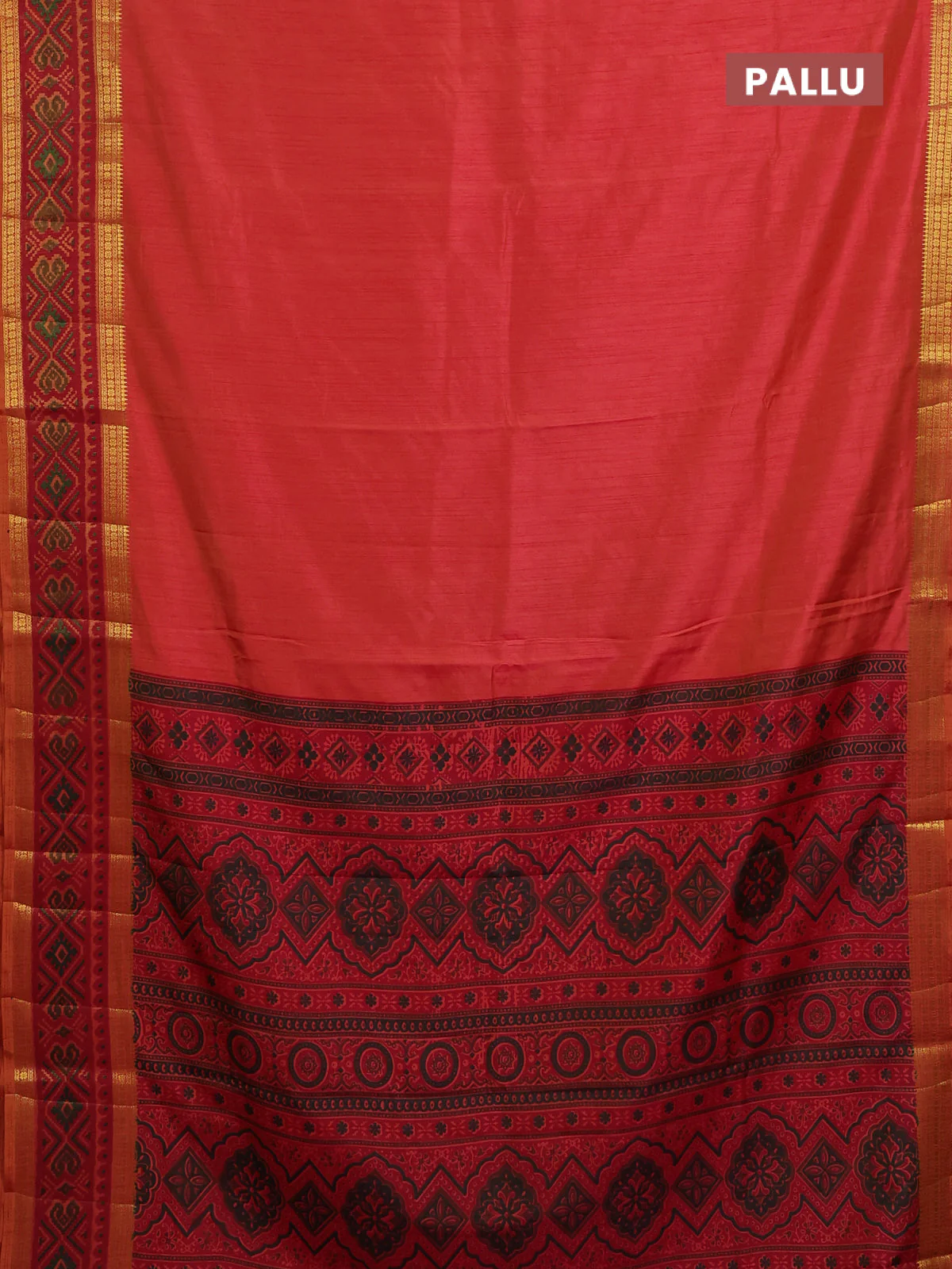 Semi tussar saree dual shade of pinkish orange with plain body and ikat woven zari border - Image 3