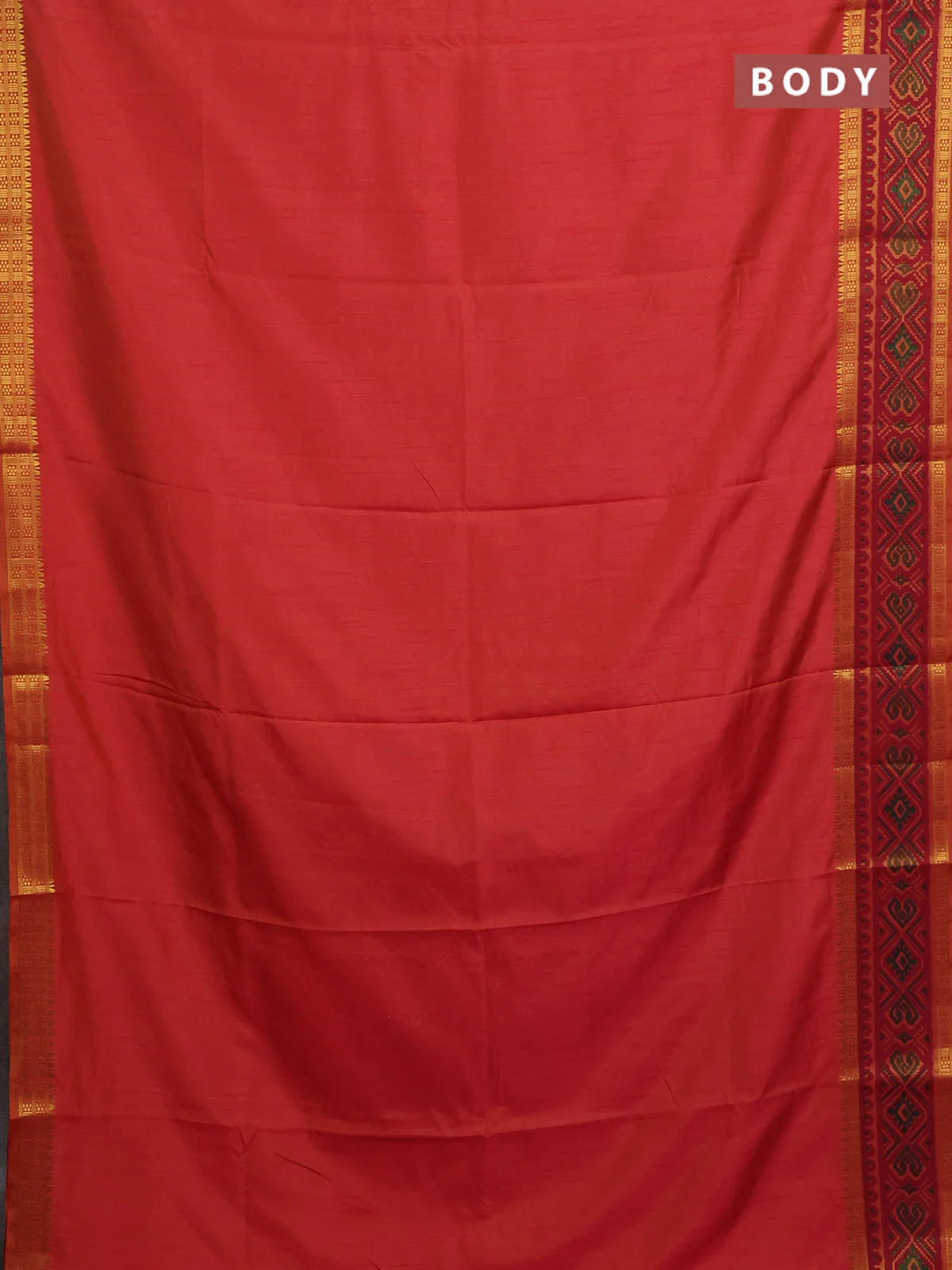 Semi tussar saree dual shade of pinkish orange with plain body and ikat woven zari border - Image 2