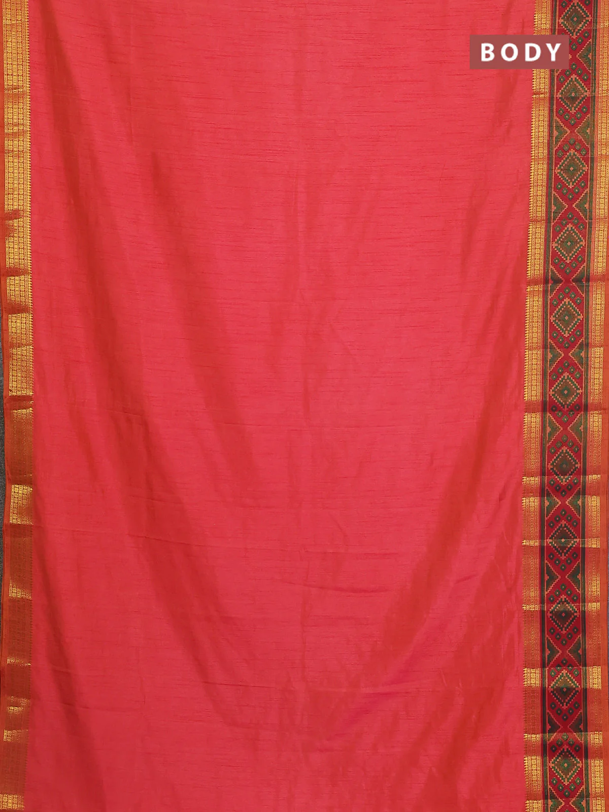 Semi tussar saree dual shade of pinkish orange with plain body and ikat woven zari border - Image 2