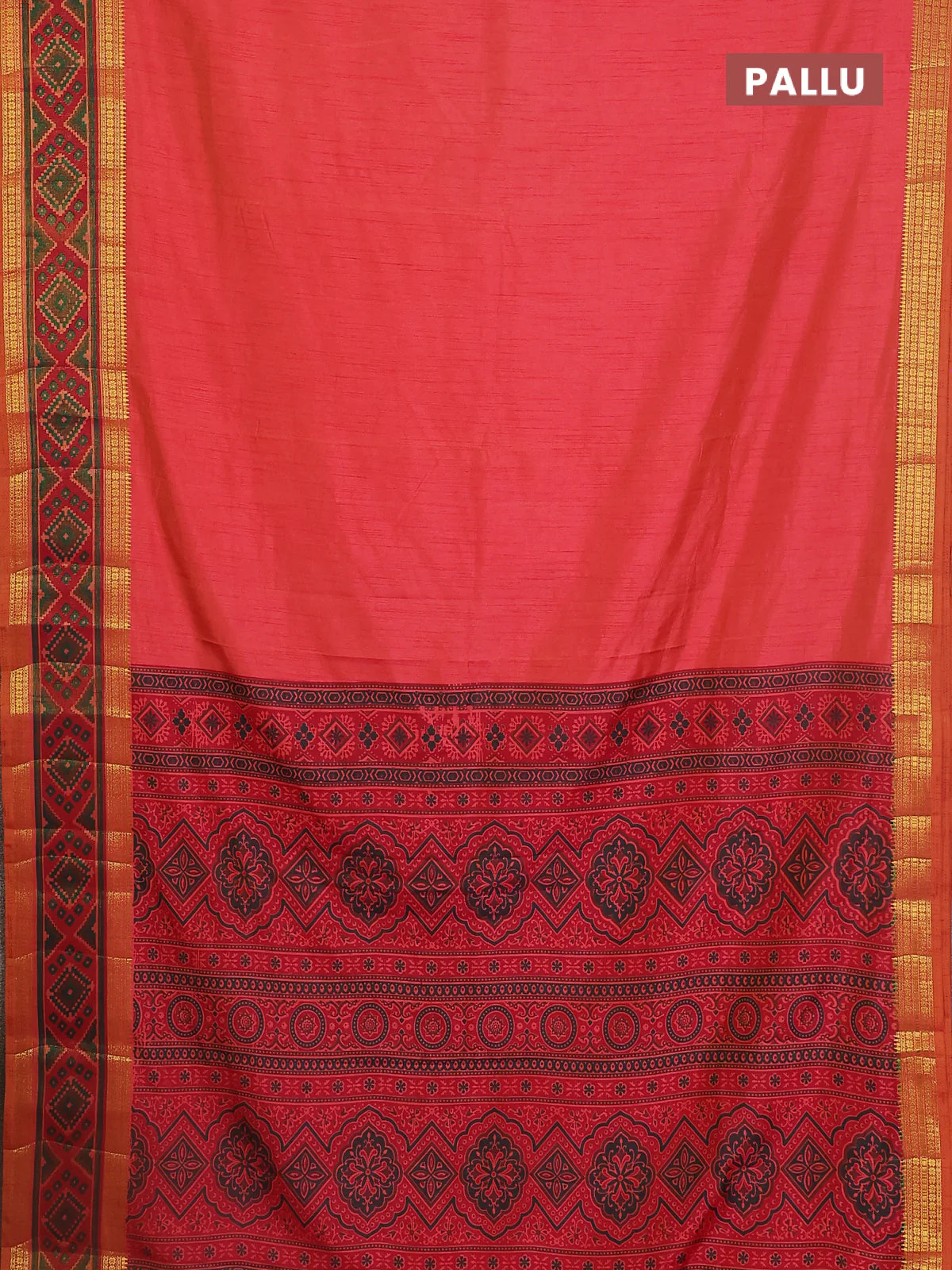 Semi tussar saree dual shade of pinkish orange with plain body and ikat woven zari border - Image 3