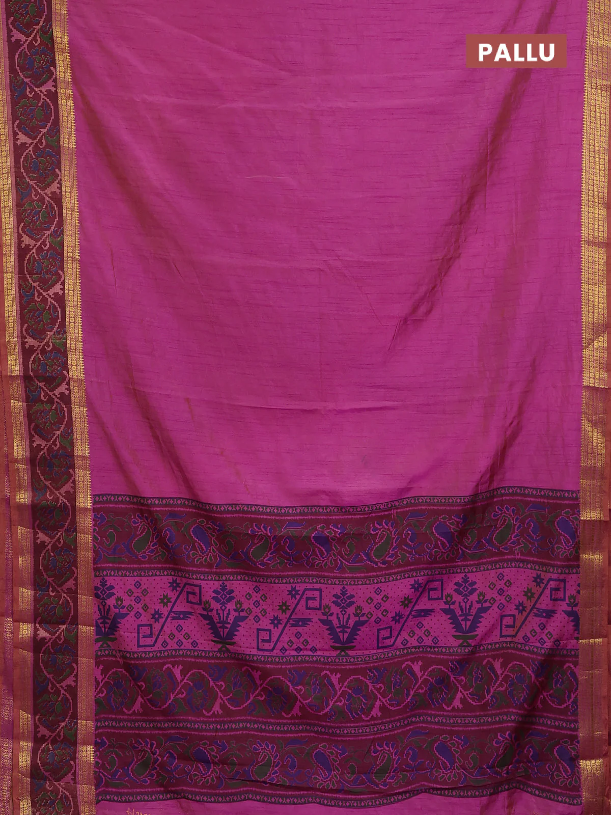 Semi tussar saree dual shade of purple and maroon with plain body and ikat woven zari border - Image 3