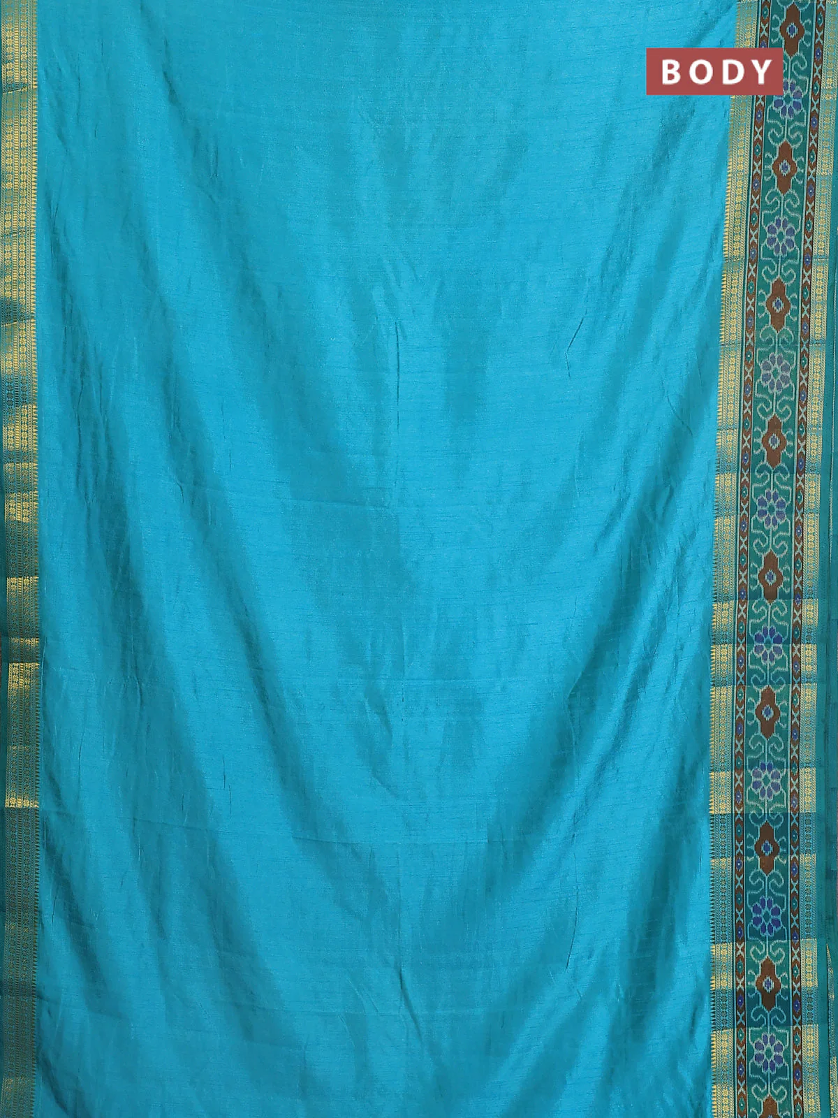 Semi tussar saree dual shade of teal blue and green with plain body and ikat woven zari border - Image 2