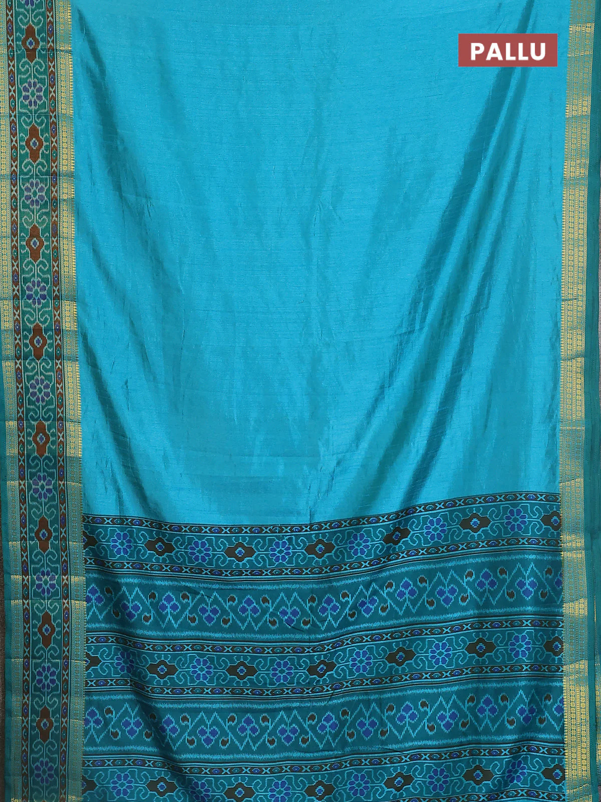 Semi tussar saree dual shade of teal blue and green with plain body and ikat woven zari border - Image 3