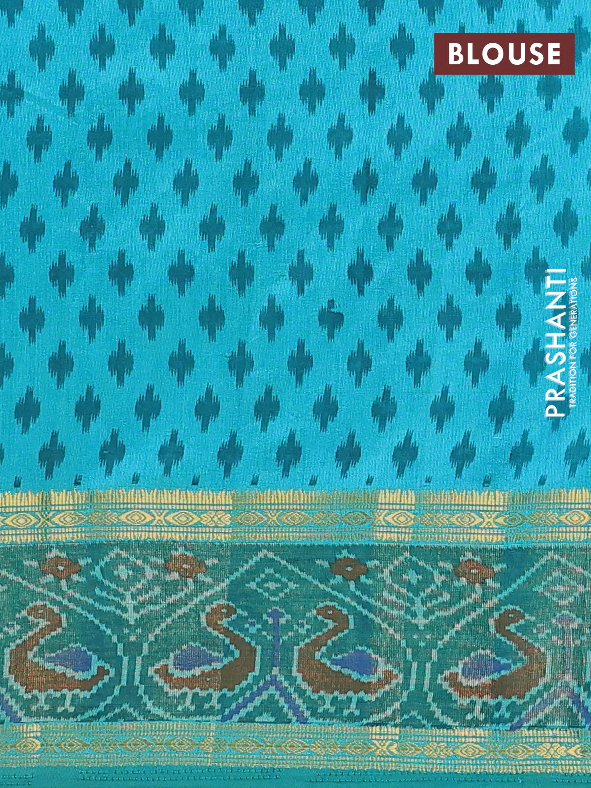 Semi tussar saree dual shade of teal blue and green with plain body and ikat woven zari border - Image 4