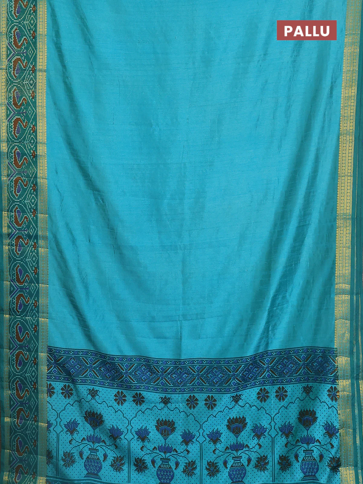 Semi tussar saree dual shade of teal blue and green with plain body and ikat woven zari border - Image 3