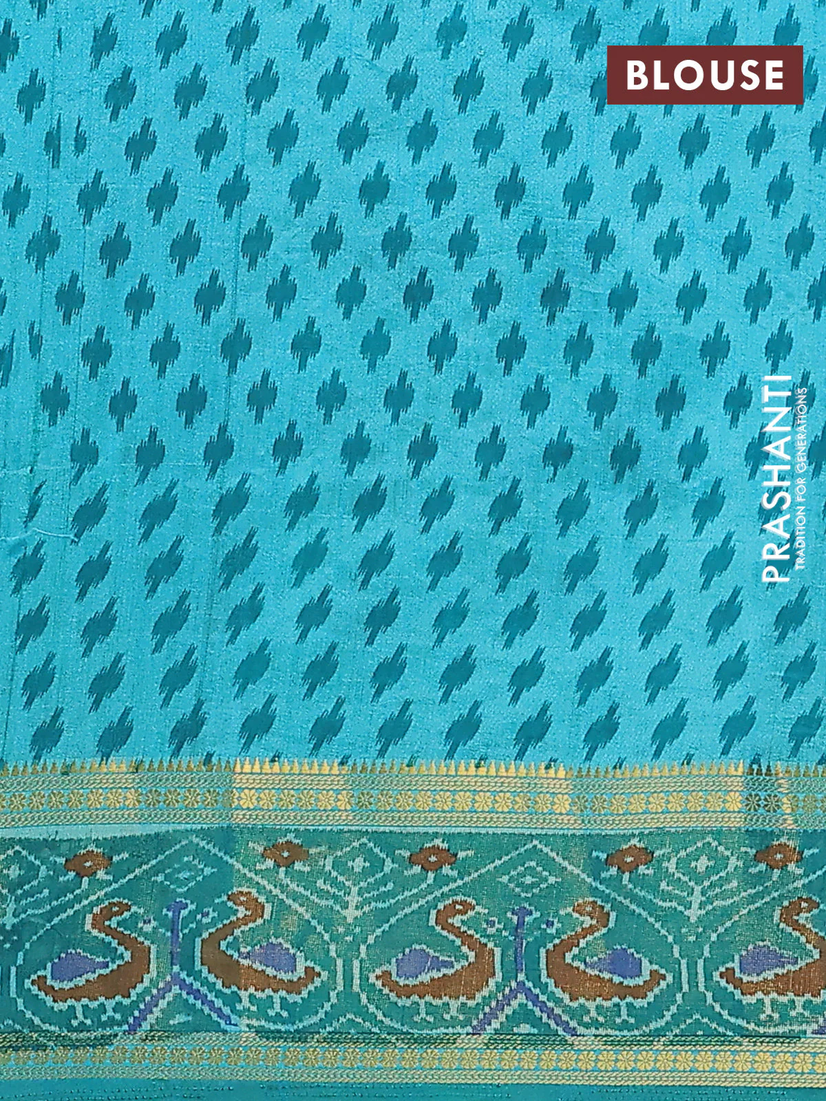 Semi tussar saree dual shade of teal blue and green with plain body and ikat woven zari border - Image 4