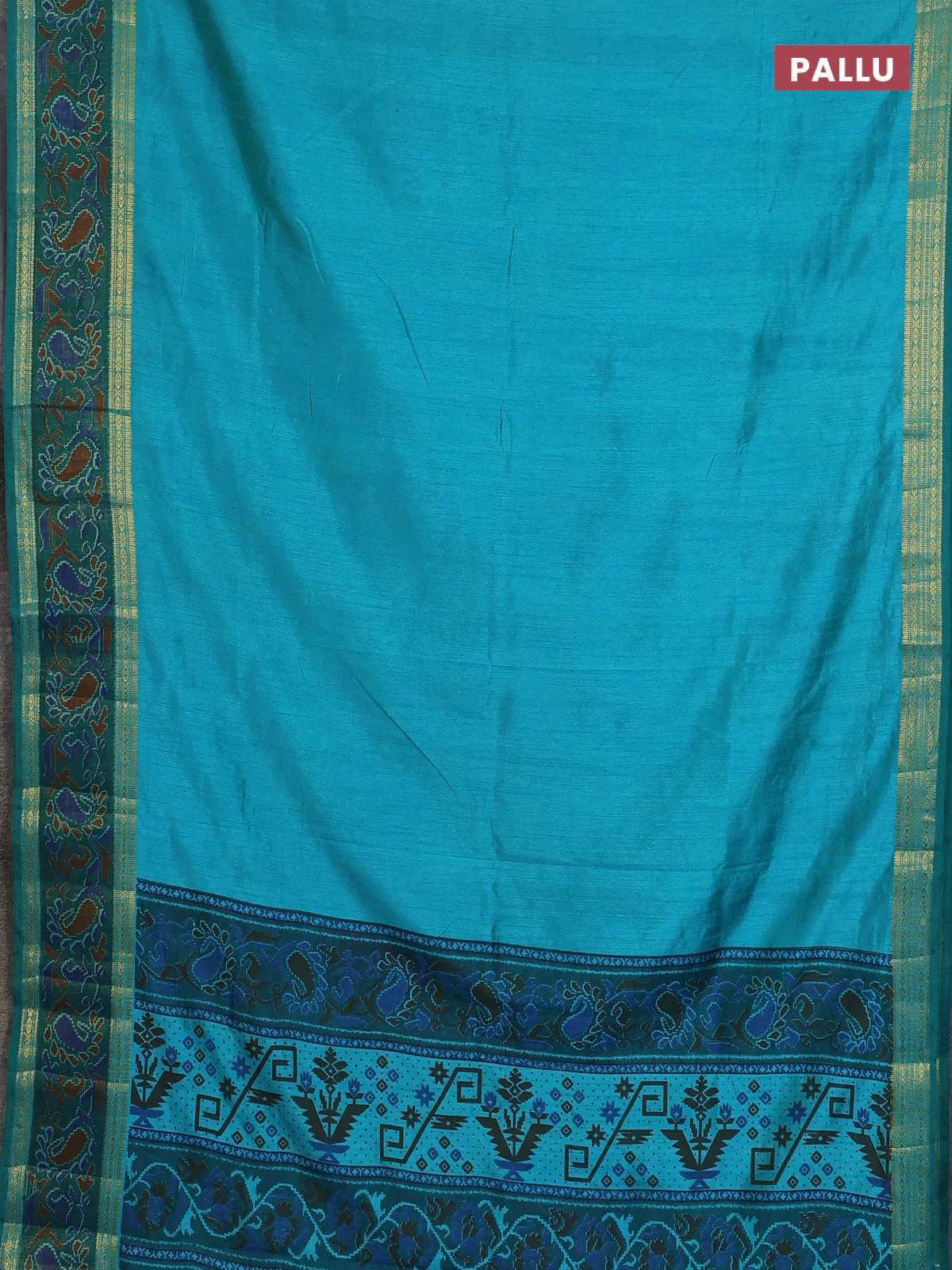 Semi tussar saree dual shade of teal blue and green with plain body and ikat woven zari border - Image 3